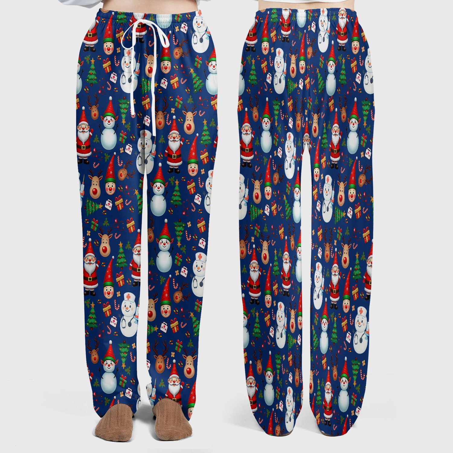 Christmas Nurse Scrub Set - Cute Snowman Santa Reindeer Pattern Medical Uniform - Festive Holiday Scrubs Pants and V Neck Top