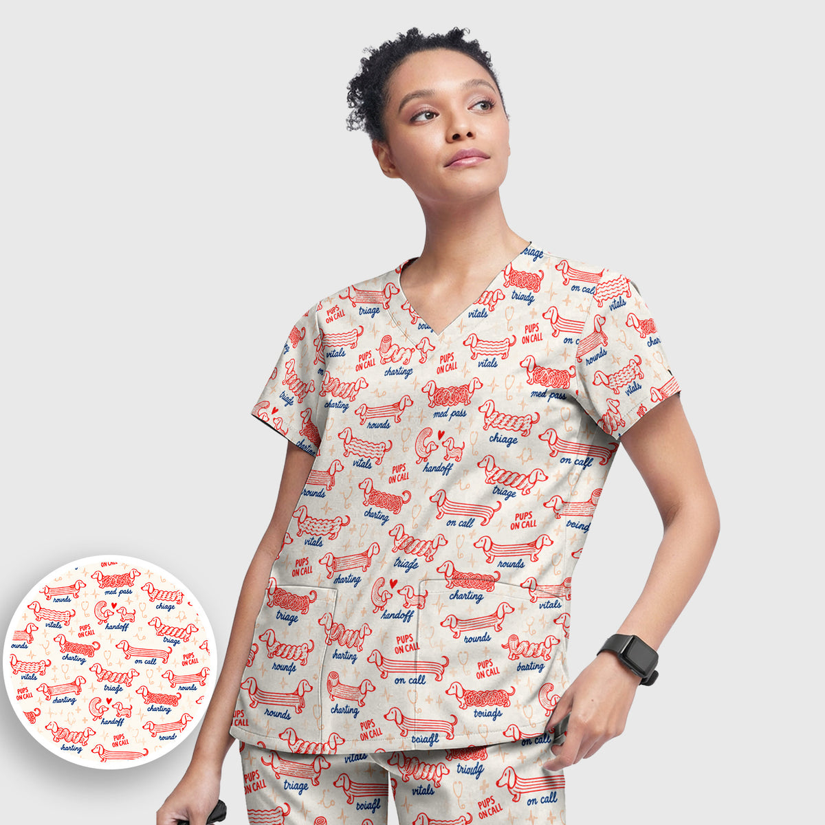 Cute Pups On Call Dachshund Pattern Scrub Set, Scrub Pants and V Neck Top