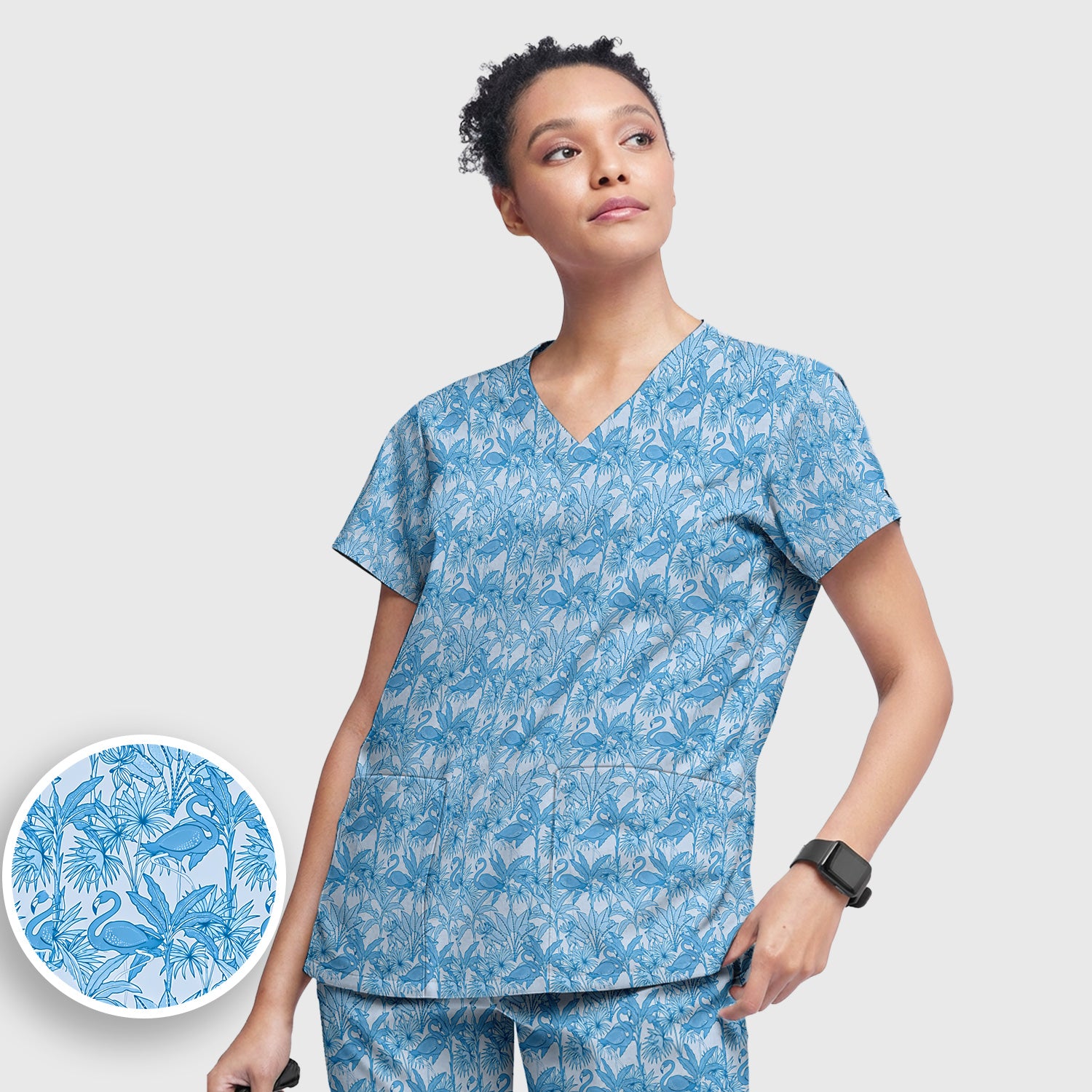 Tropical Flamingo Palm Leaves Pattern Scrub Top, Breathable Fabrics Nursing Uniform