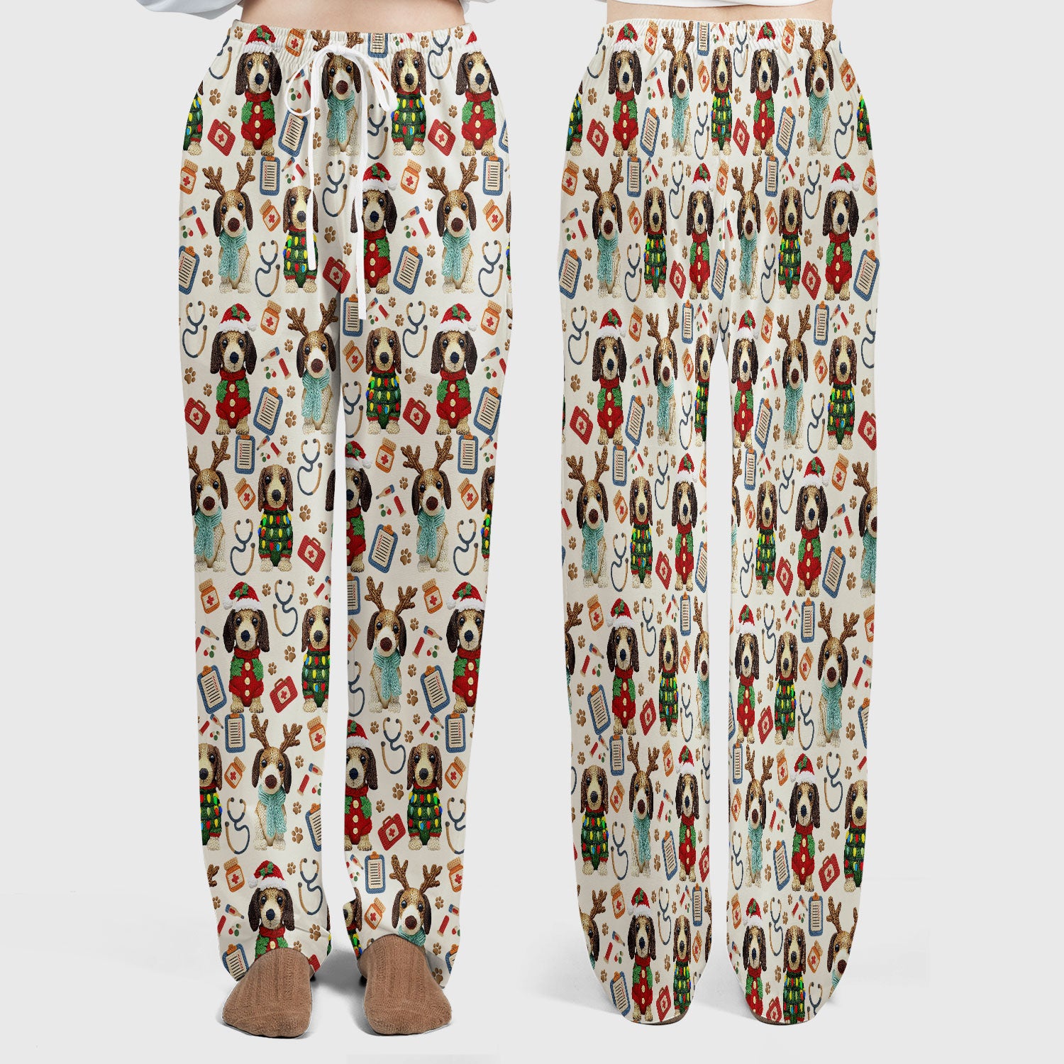 Christmas Wiener Dog Scrubs Set for Women - Cute Dachshund Christmas Scrub Pants and V Neck Top - Puppy Lover Medical Uniform Gift