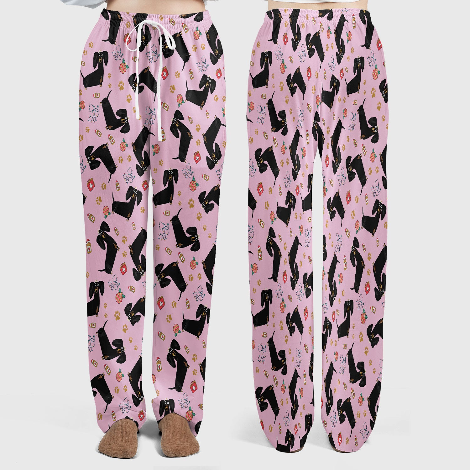 Funny Black Dachshund Scrub Set for Nurses - Cute Wiener Dog Scrubs Pants and V Neck Top - Puppy Lover Nursing Gift for Women