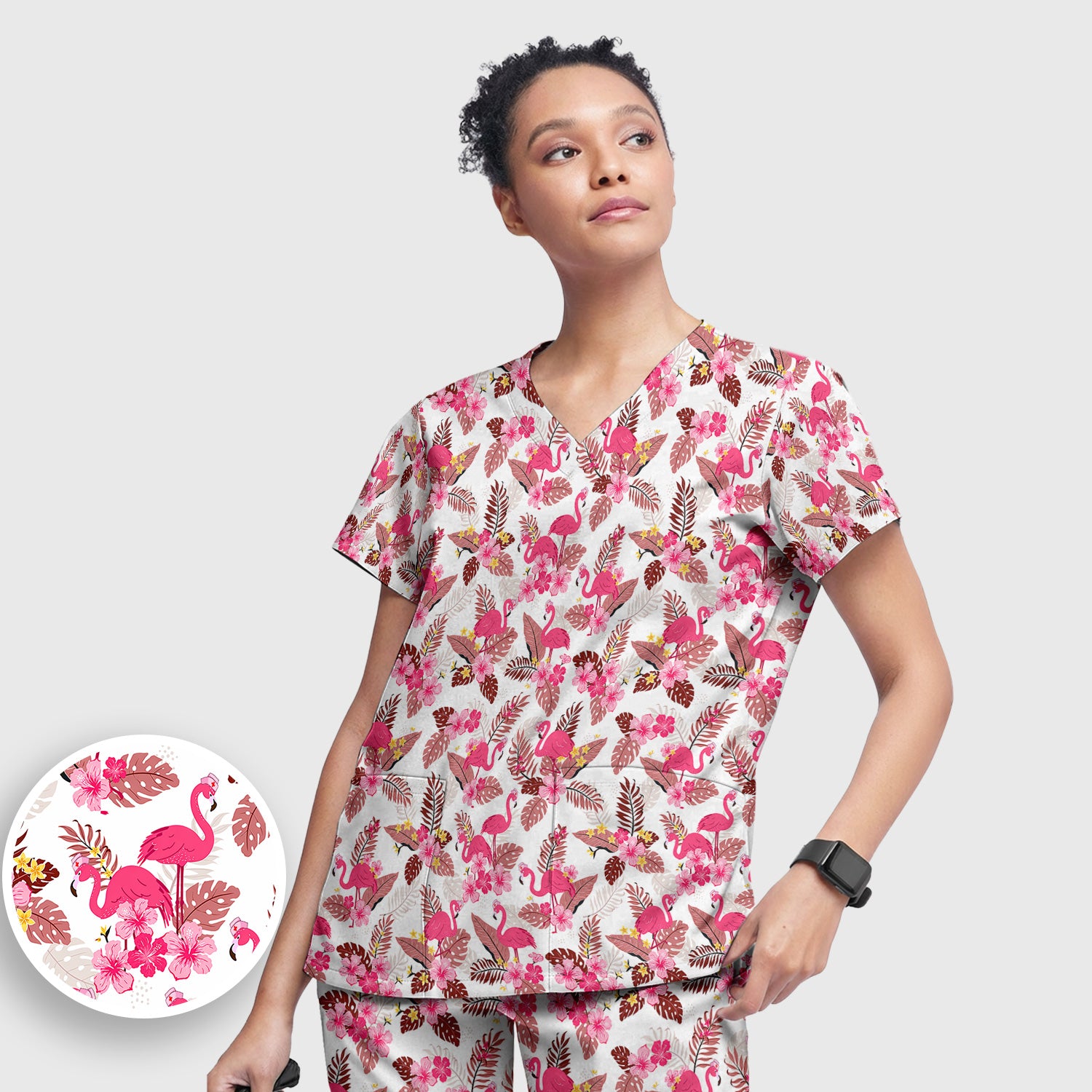 Pink Flamingo Tropical Floral Scrub Set, Scrub Pants and V Neck Top