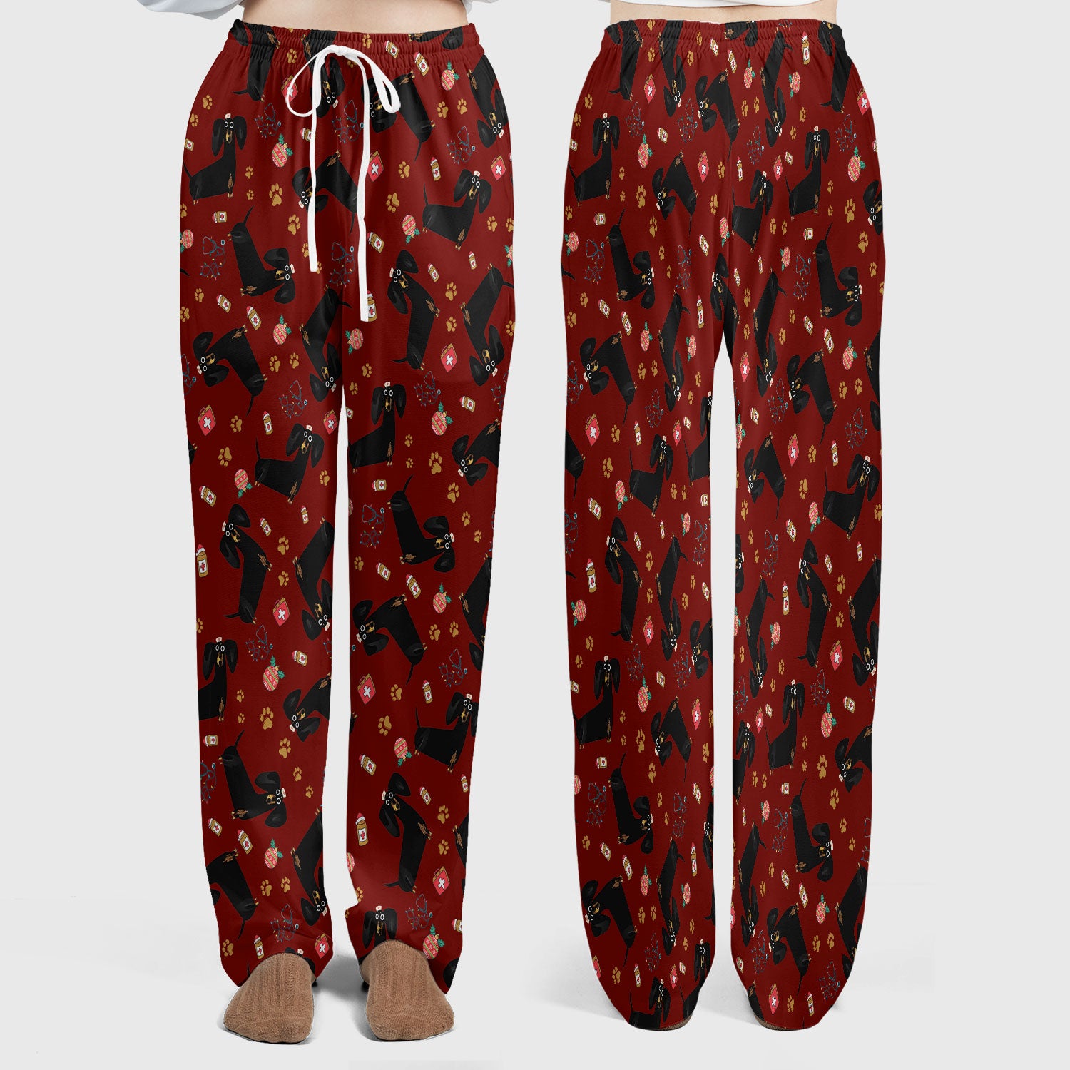 Funny Wiener Dog Scrub Sets for Nurses - Cute Black Dachshund Pants and V Neck Top - Dog Lover Nursing Uniform Gift for Women