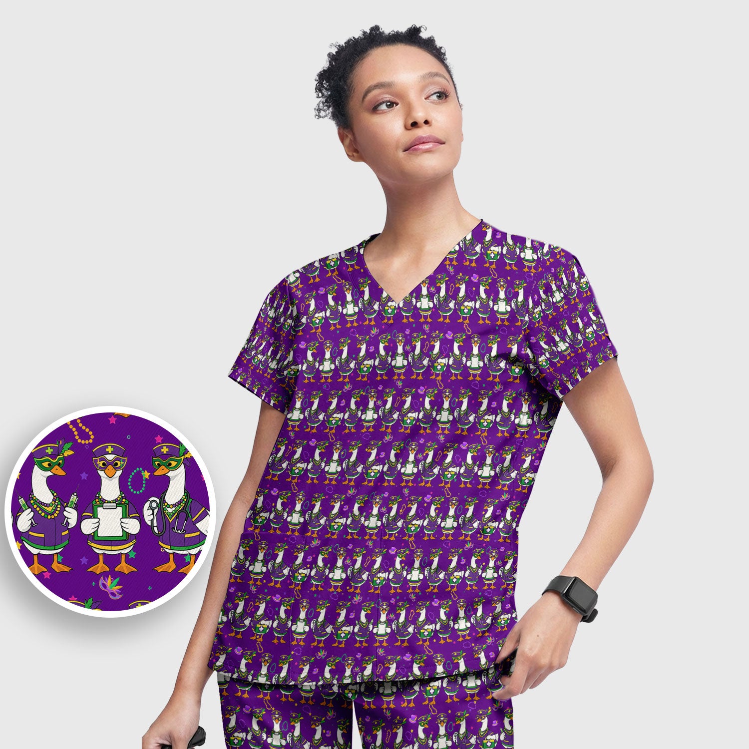Mardi Gras Nurse Goose Scrub Set, Purple Carnival Parade Medical Pattern Nurse Shirt, Breathable Fabrics Nursing Uniform