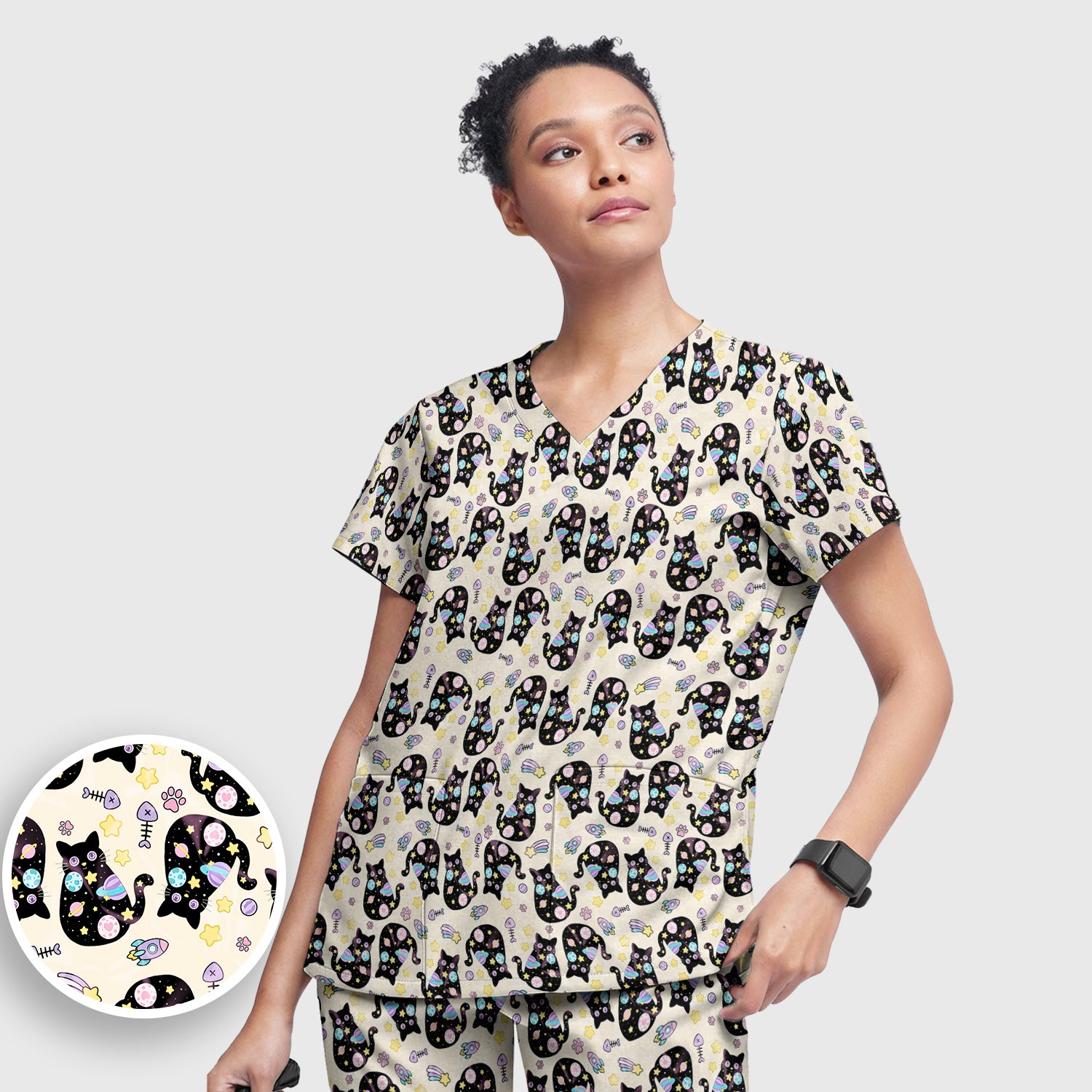 Galaxy Black Cat Space Pattern Scrub Top, Breathable Fabrics Nursing Uniform