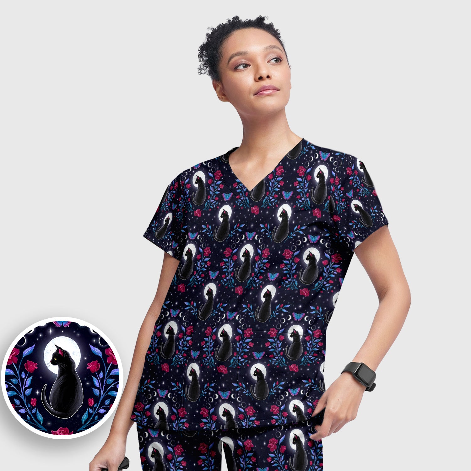 Black Cat Moon Rose Print Scrub Set, Scrub Pants and V Neck Top