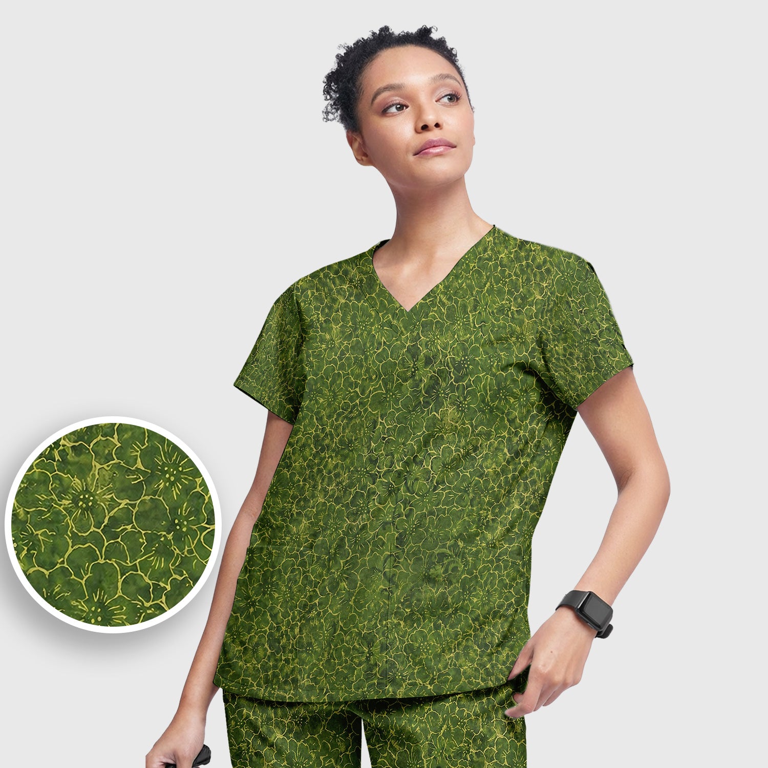 Green Floral Blossom Pattern Scrub Set, Scrub Pants and V Neck Top