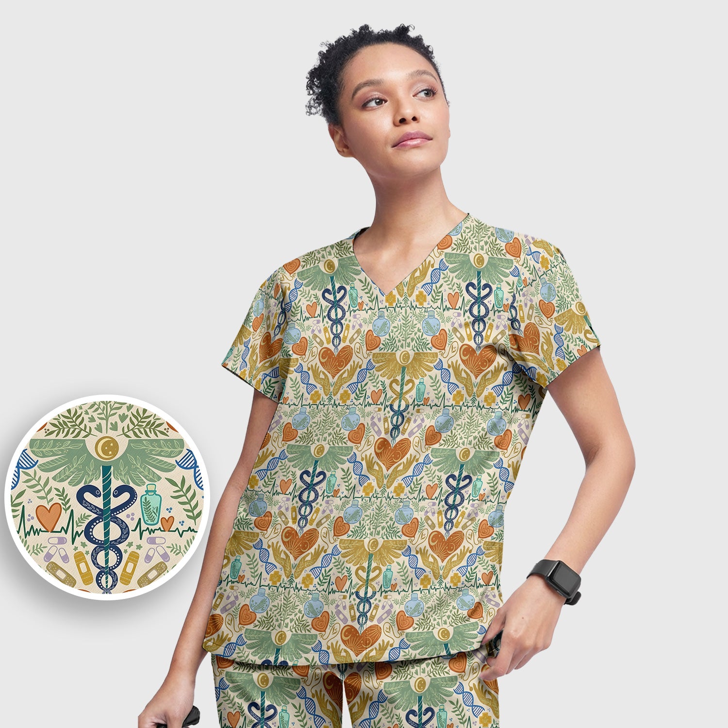 Inspirational Botanical Medical Caduceus Heart Nurse Pattern Scrub Set, Breathable Med Uniform
