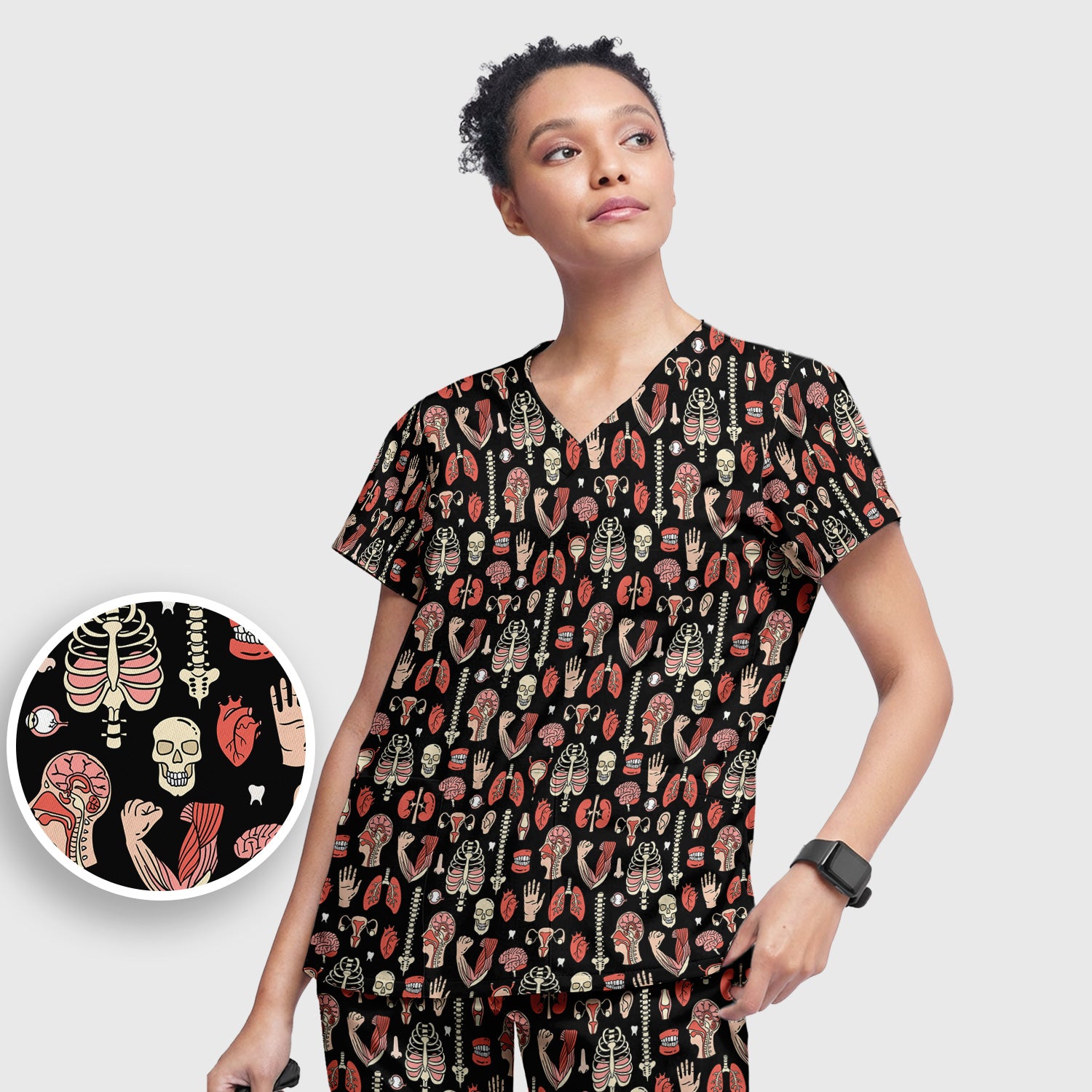 Human Anatomy Body Parts Pattern Scrubs Sets, Breathable Med Uniform