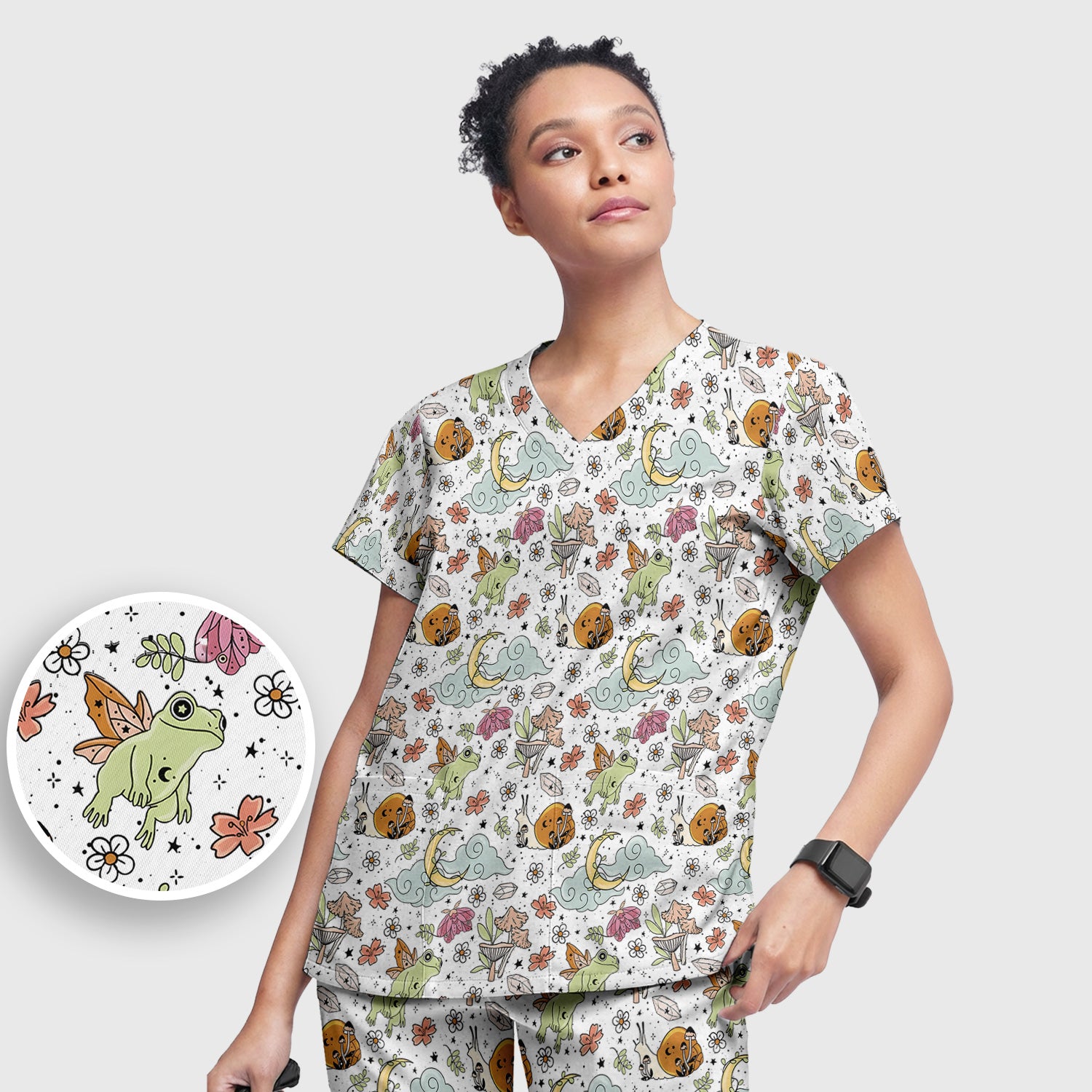 Whimsical Frog Moon Mushroom Pattern Scrub Set, Fantasy Nature Print, Breathable Med Uniform