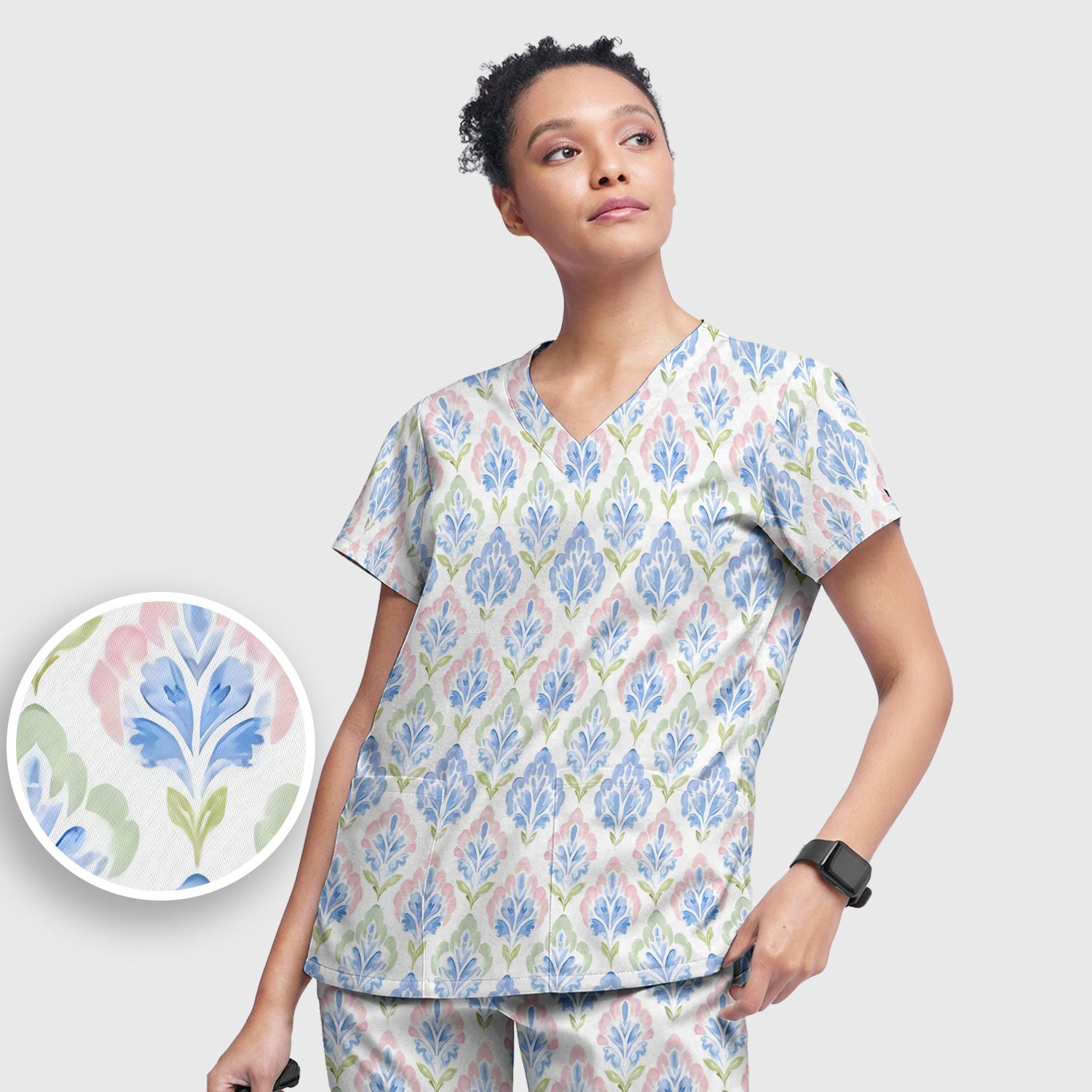 Blue Floral Damask Pattern Scrub Set, Women's Scrub Sets