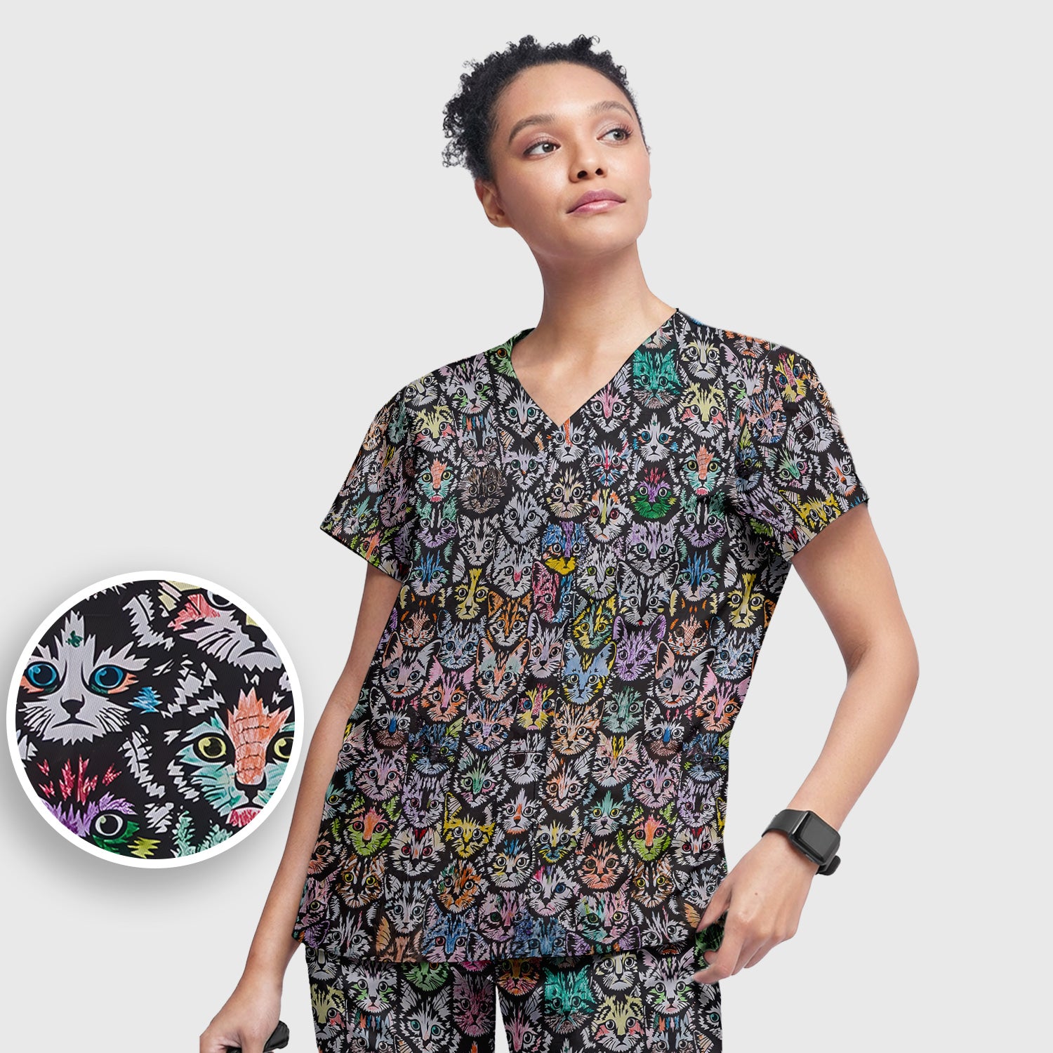 Colorful Cat Faces Pattern Scrub Set, Artistic Kitty Portrait Print, Scrub Pants and V Neck Top