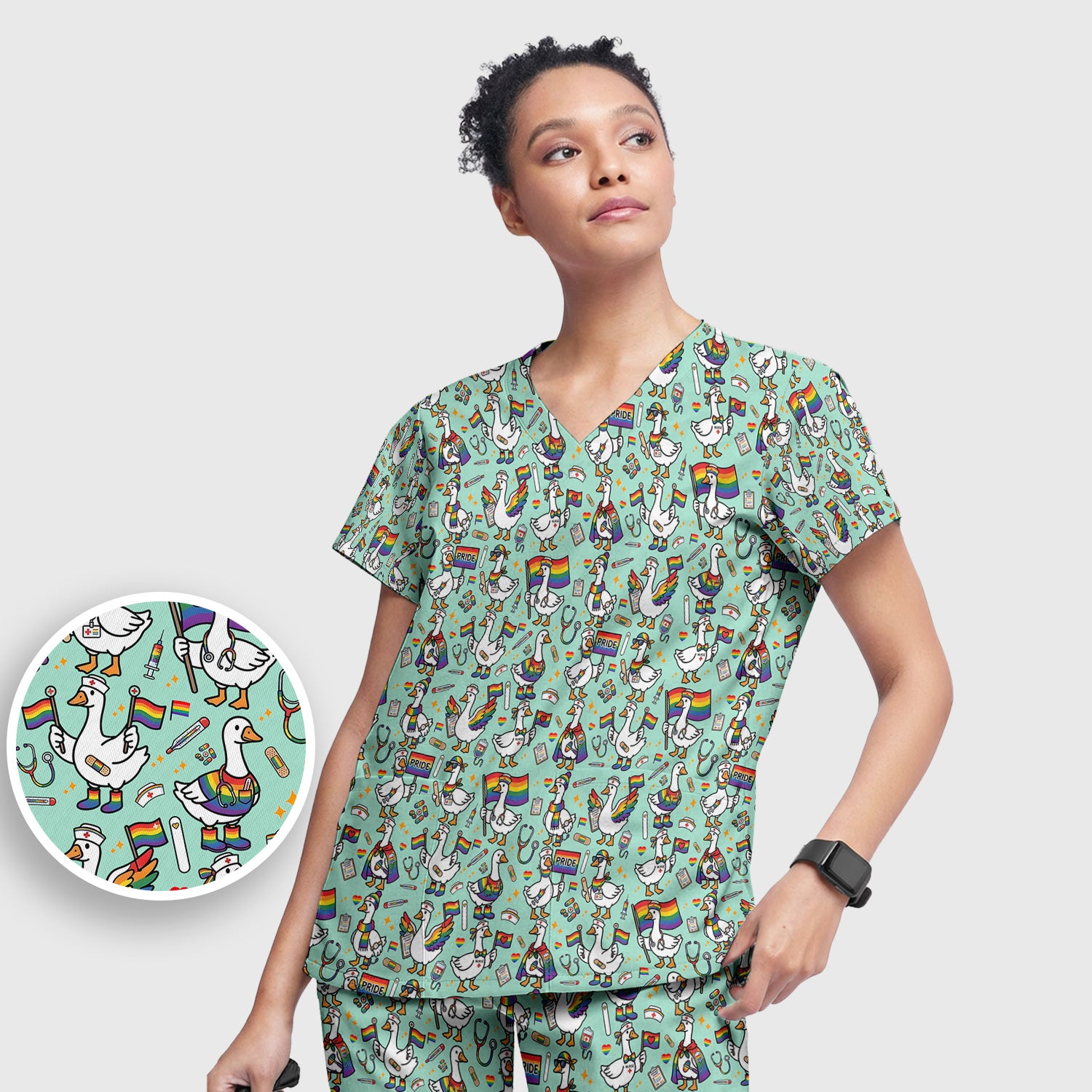 LGBT Pride Nurse Duck Pattern Scrub Set, Breathable Med Uniform
