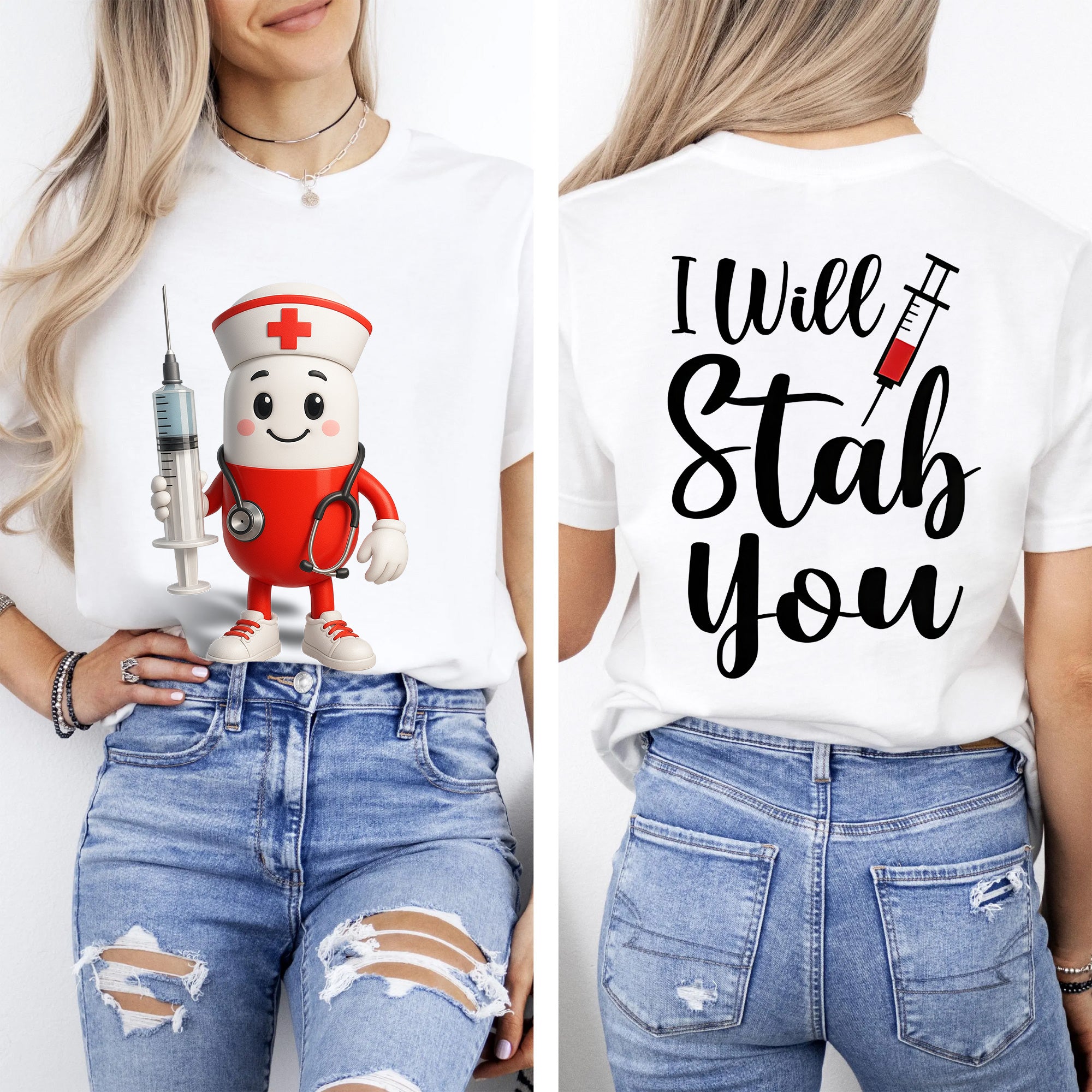 Personalized Funny Nurse Shirt with Pill Cartoon – I Will Stab You Quote Tee for RN LPN CNA  – Cute Medical Humor Gift for Healthcare Workers