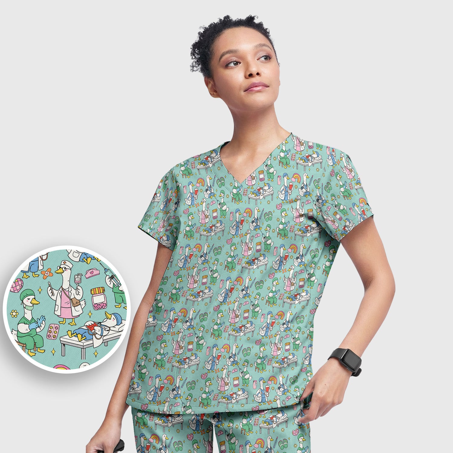 Funny Nurse Duck Medical Doodle Pattern Scrub Set, Scrub Pants and V Neck Top