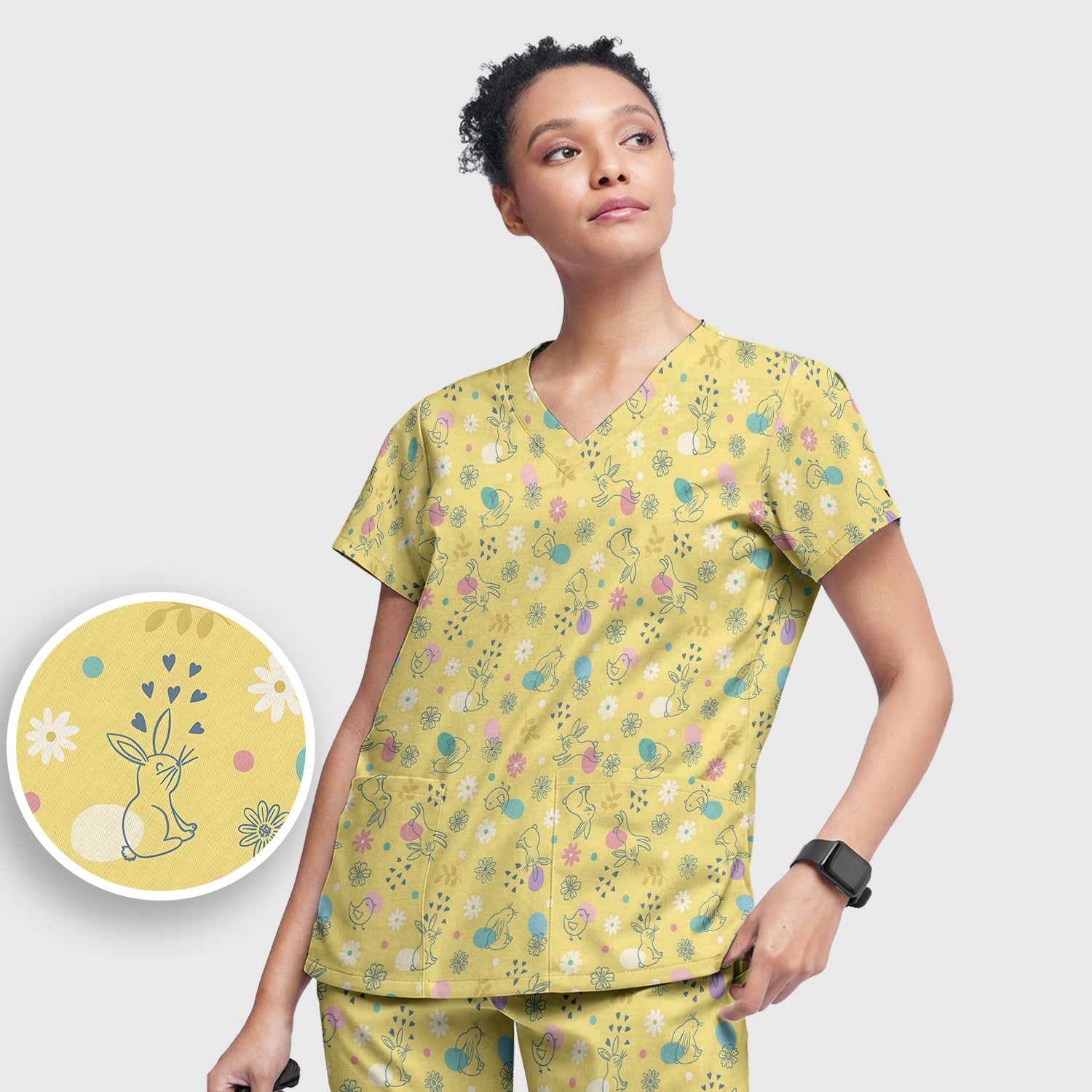 Whimsical Easter Bunny Eggs Pattern Scrub Set, Scrub Pants and V Neck Top