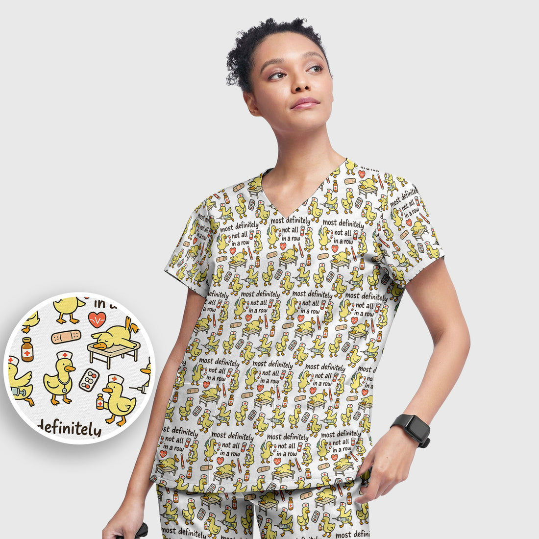 Funny Nurse Duck Medical Humor Pattern Scrub Set, Scrub Pants and V Neck Top