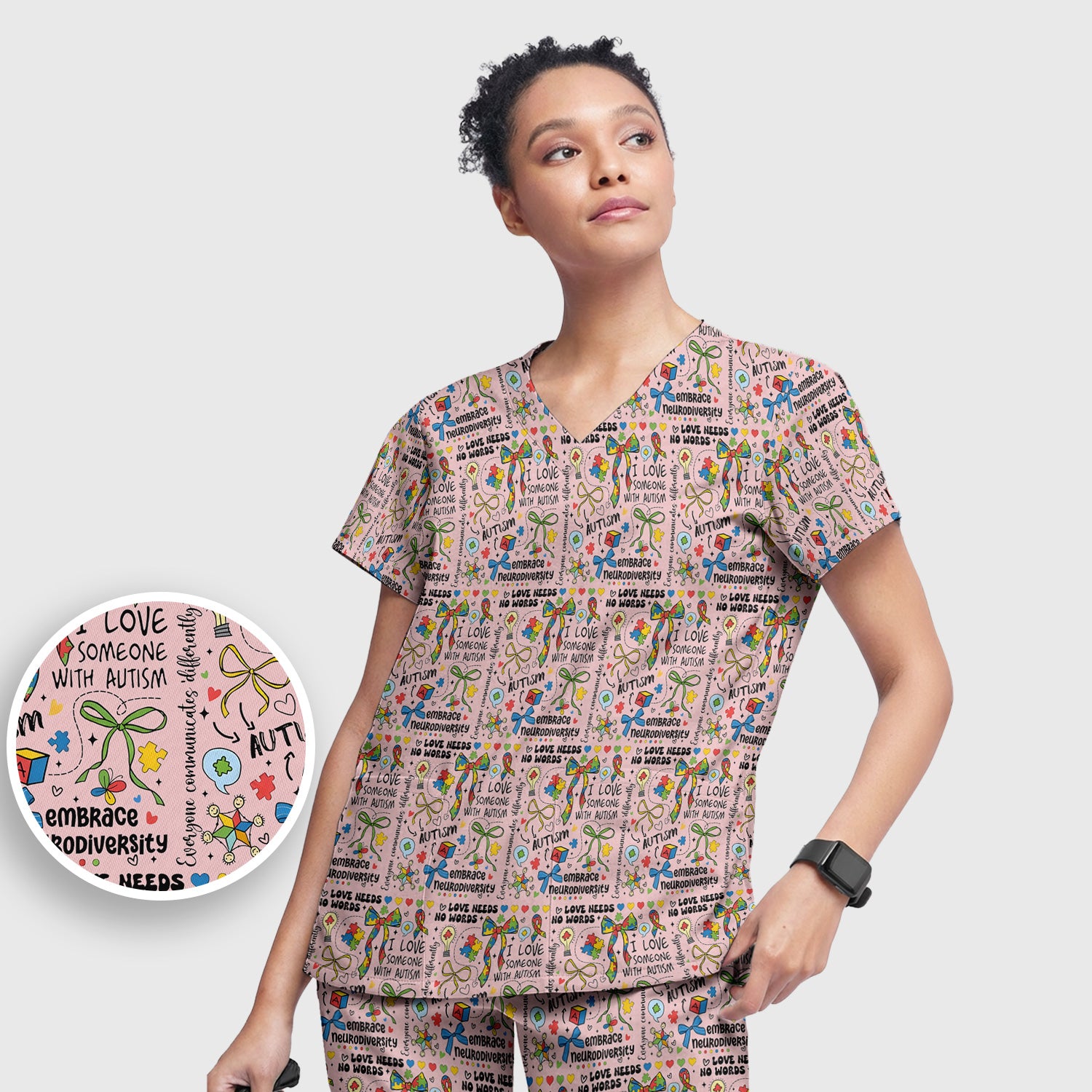 Autism Awareness Puzzle Ribbon Pattern Scrub Set, Scrub Pants and V Neck Top