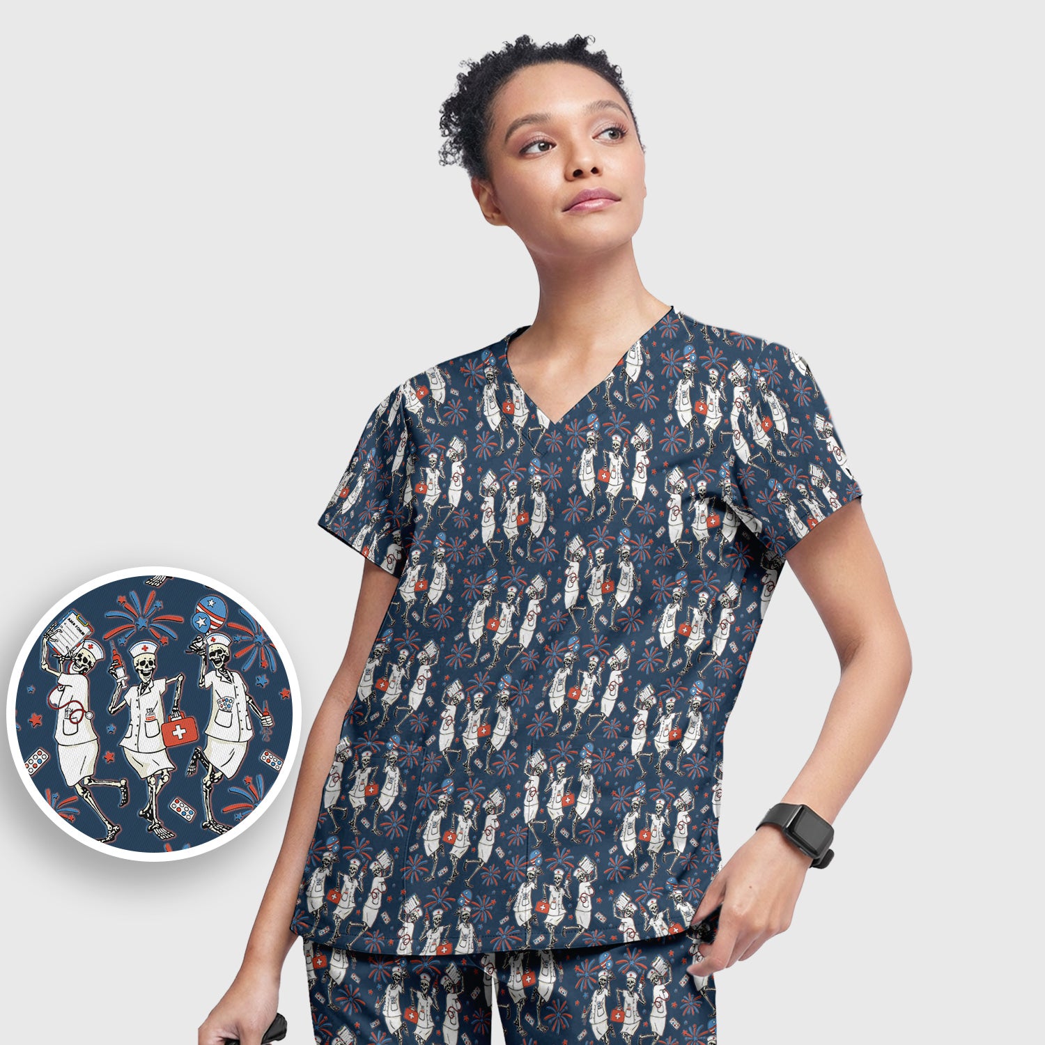 Funny Skeleton Nurse Patriotic Print Scrub Set, Scrub Pants and V Neck Top