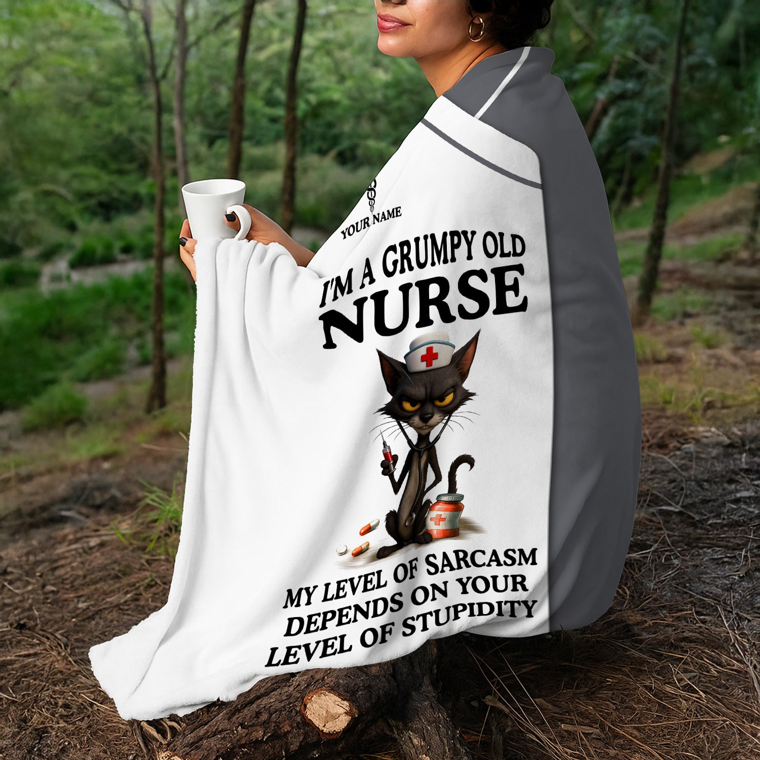 Custom Name Grumpy Old Nurse Blanket - Angry Cat Sarcastic Humor for RN LPN CNA Medical Staff Gift  - Multiple Color Options Available Keepsake