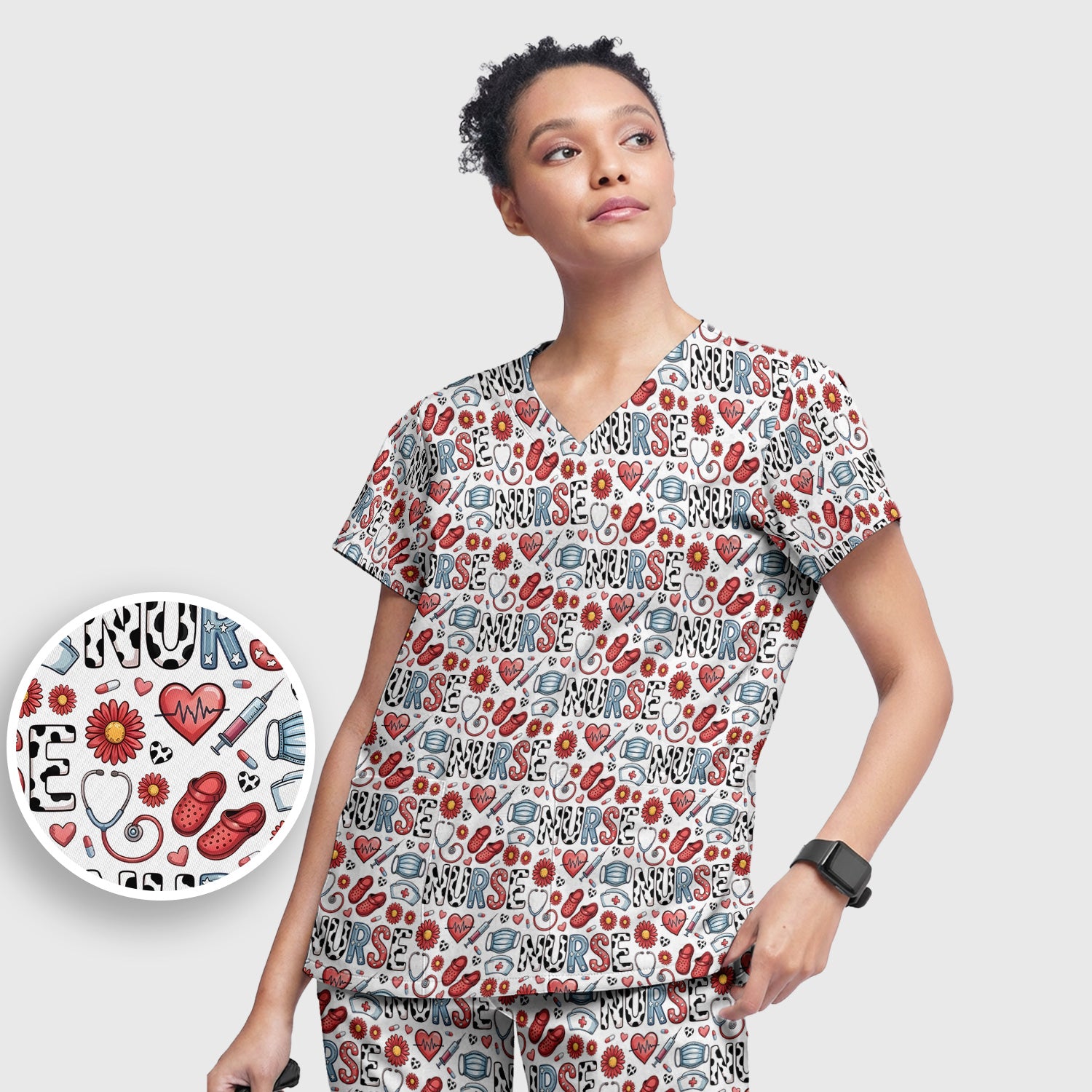 Cute Nurse Medical Icon Pattern Scrub Set, Scrub Pants and V Neck Top