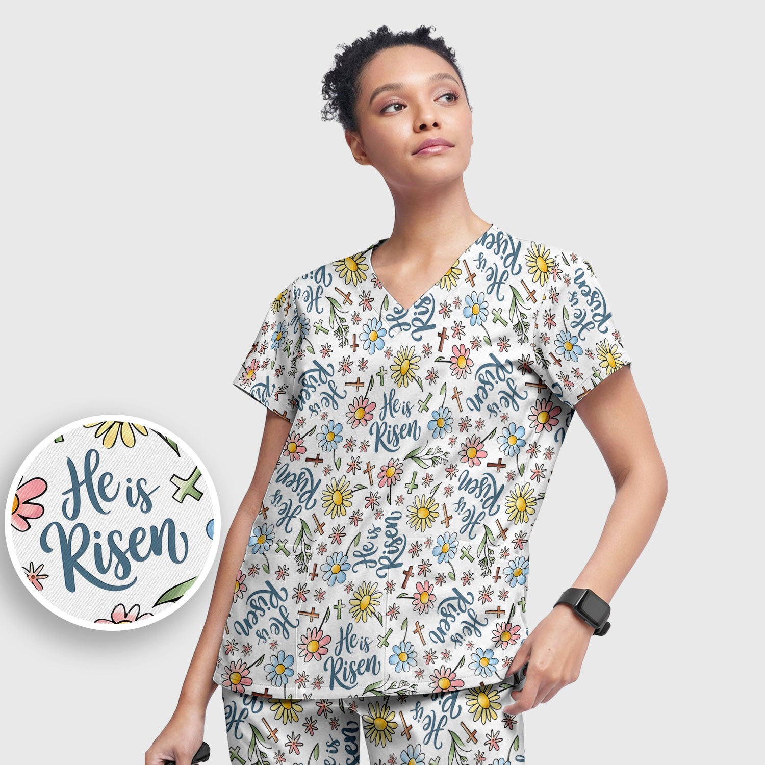 He Is Risen Cross Flower Pattern Scrub Set, Nurse Uniform Scrubs Set