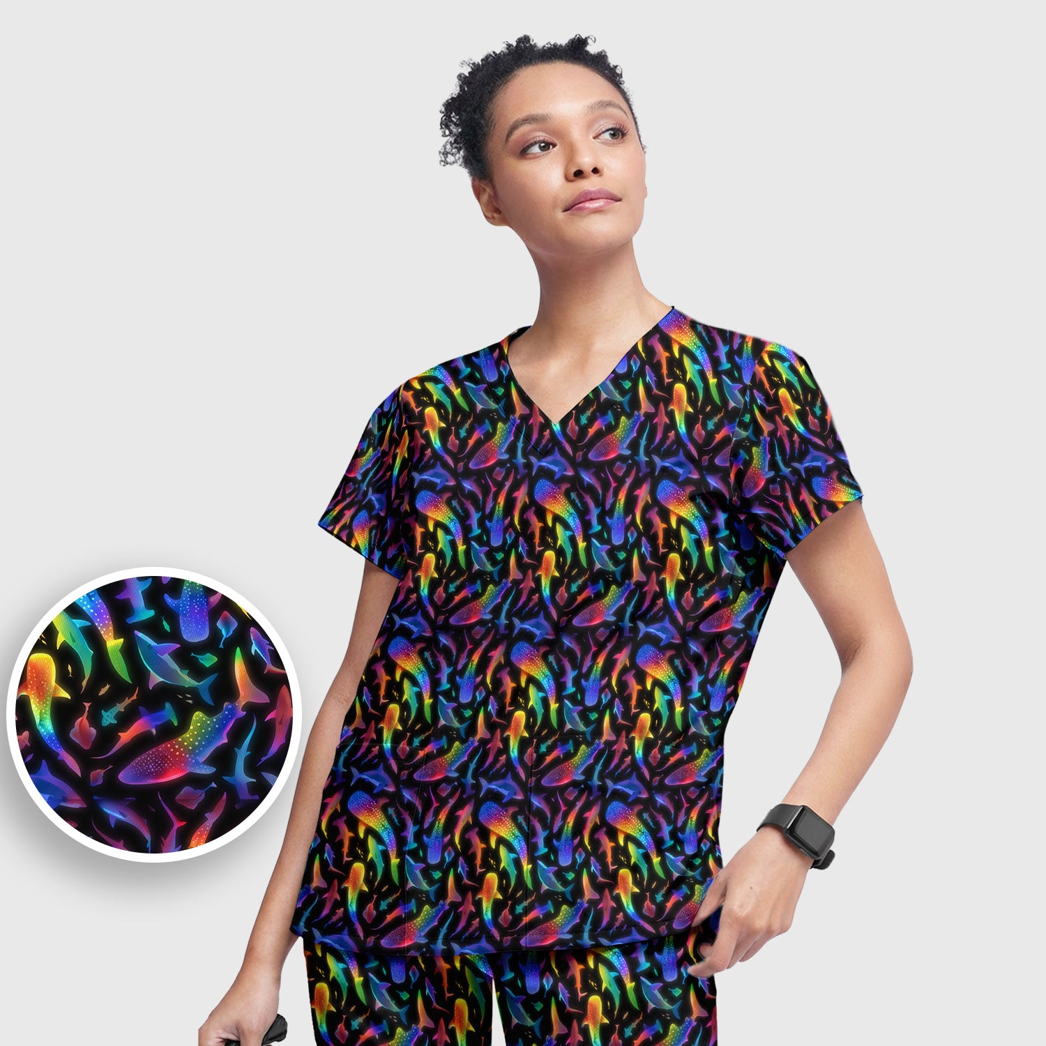 Vibrant Rainbow Shark Pattern Scrub Set, Scrub Pants and V Neck Top