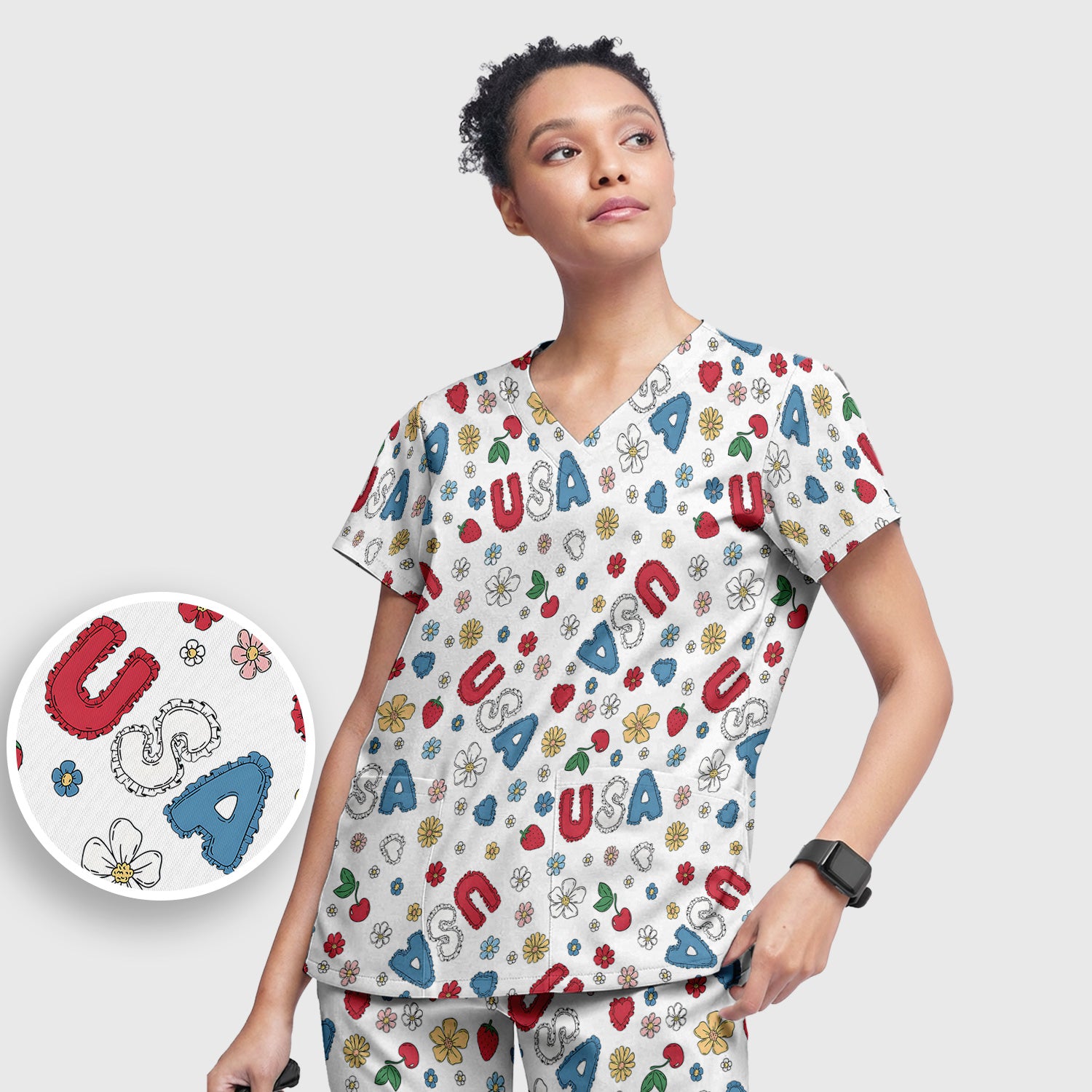 USA Cherry Strawberry Floral Patch Pattern Scrub Set, Scrub Pants and V Neck Top