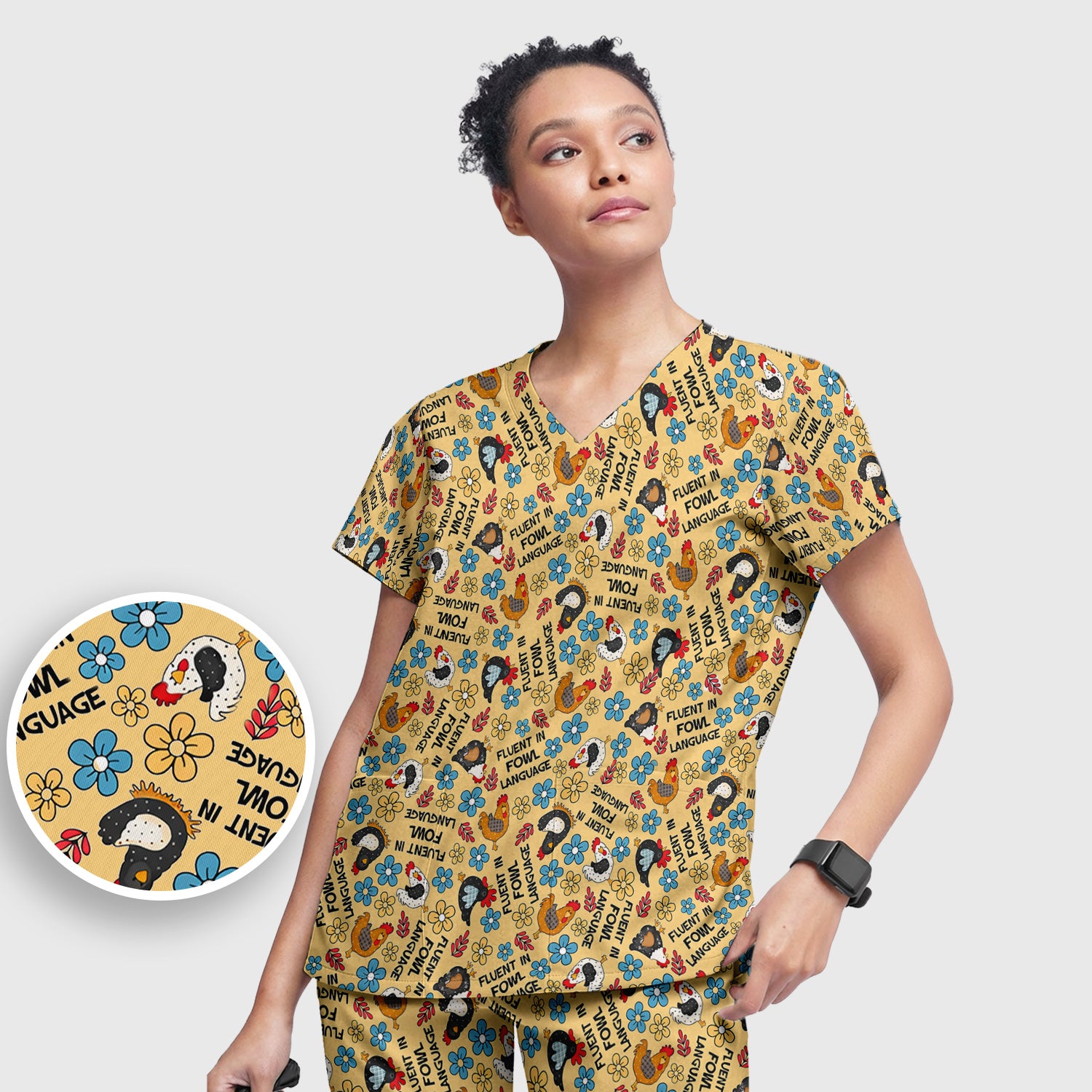Funny Chicken Fluent in Fowl Language Pattern Scrub Set, Scrub Pants and V Neck Top