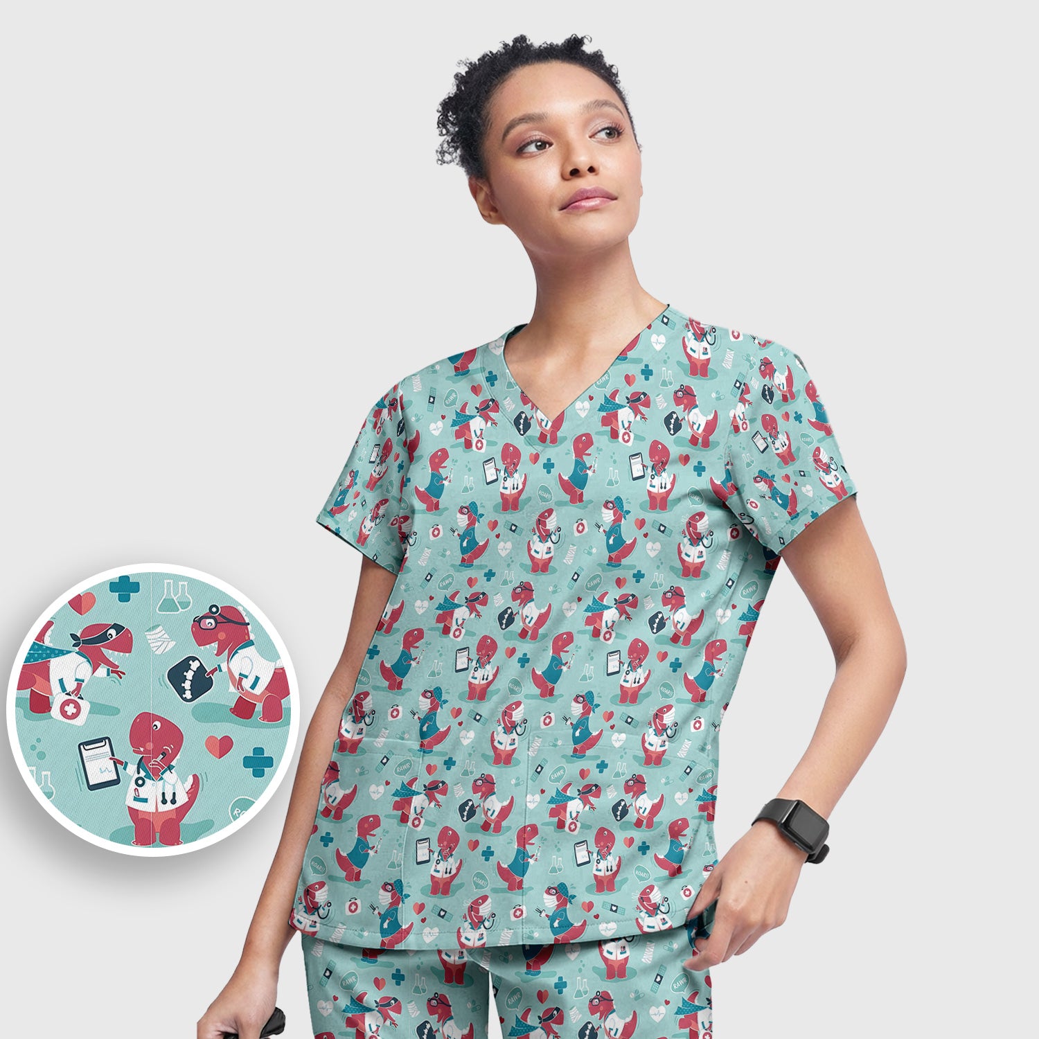 Cute Dinosaur Doctor Medical Pattern Scrub Set, Women's Scrub Sets