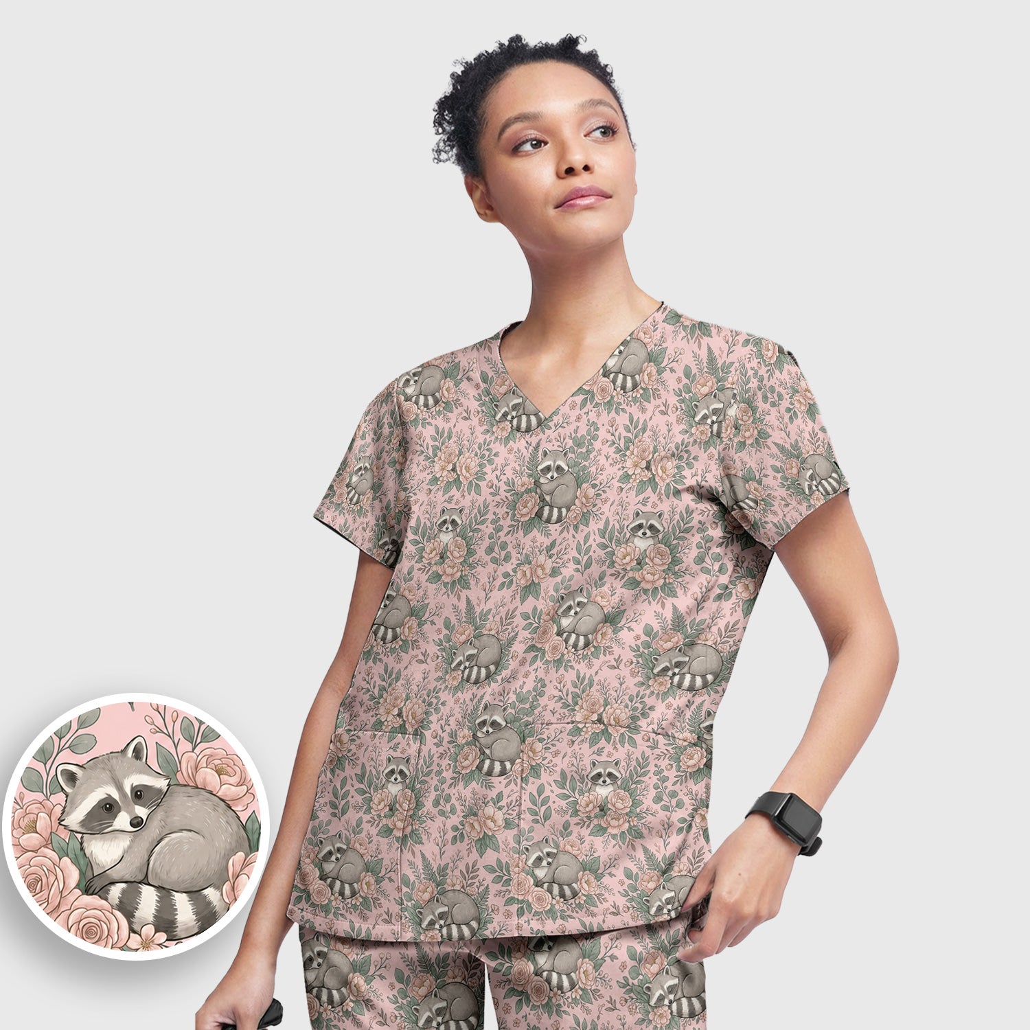 Sleeping Raccoon Rose Garden Pattern Scrub Set, Scrub Pants and V Neck Top