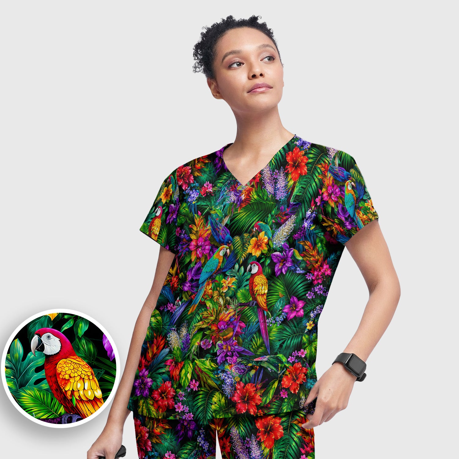 Tropical Parrot Jungle Blossom Pattern Scrub Set, Scrub Pants and V Neck Top