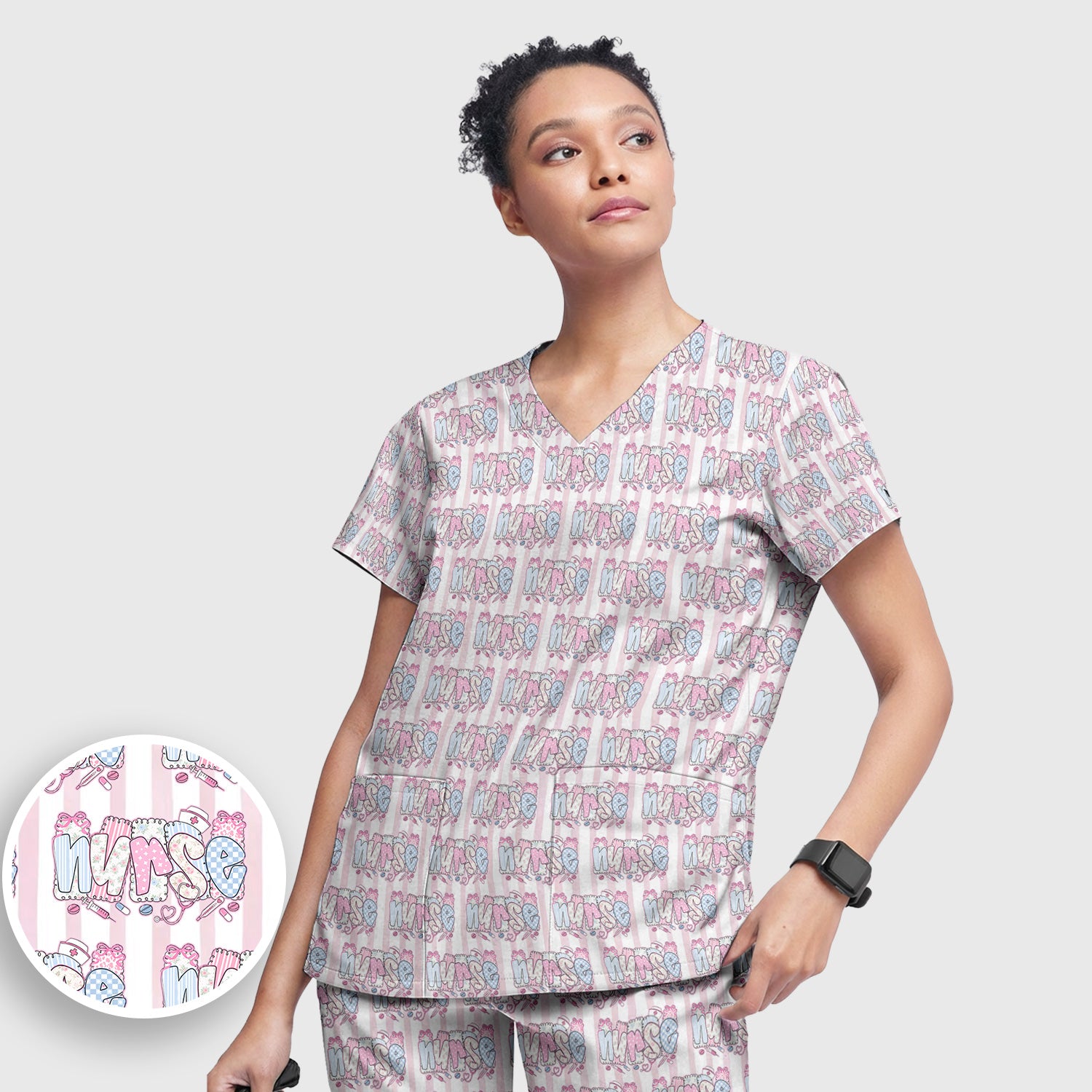 Cute Pastel Nurse Pattern Scrub Set, Scrub Pants and V Neck Top
