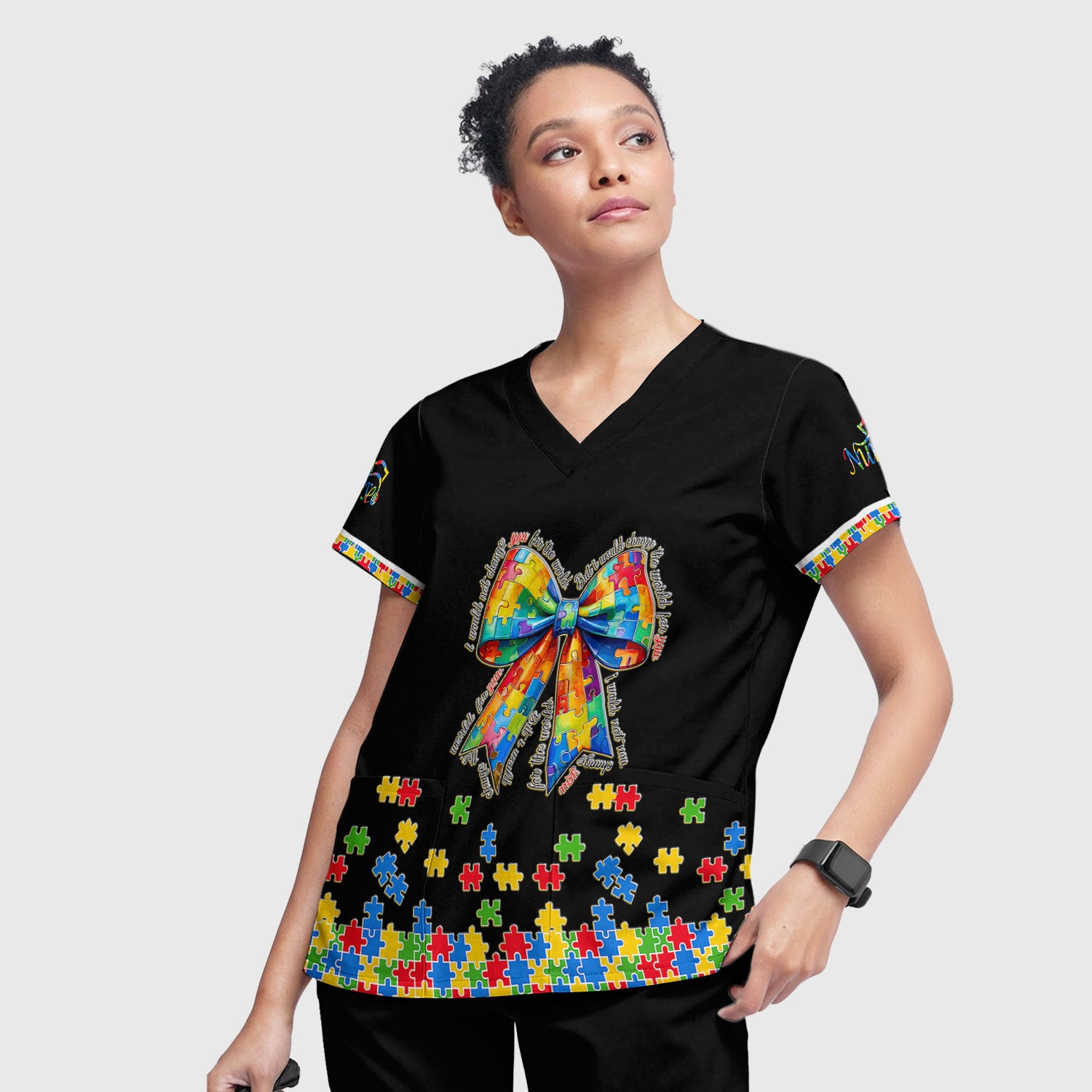 Autism Puzzle Bow Colorful Pieces Print Scrub Set, Breathable Med Uniform