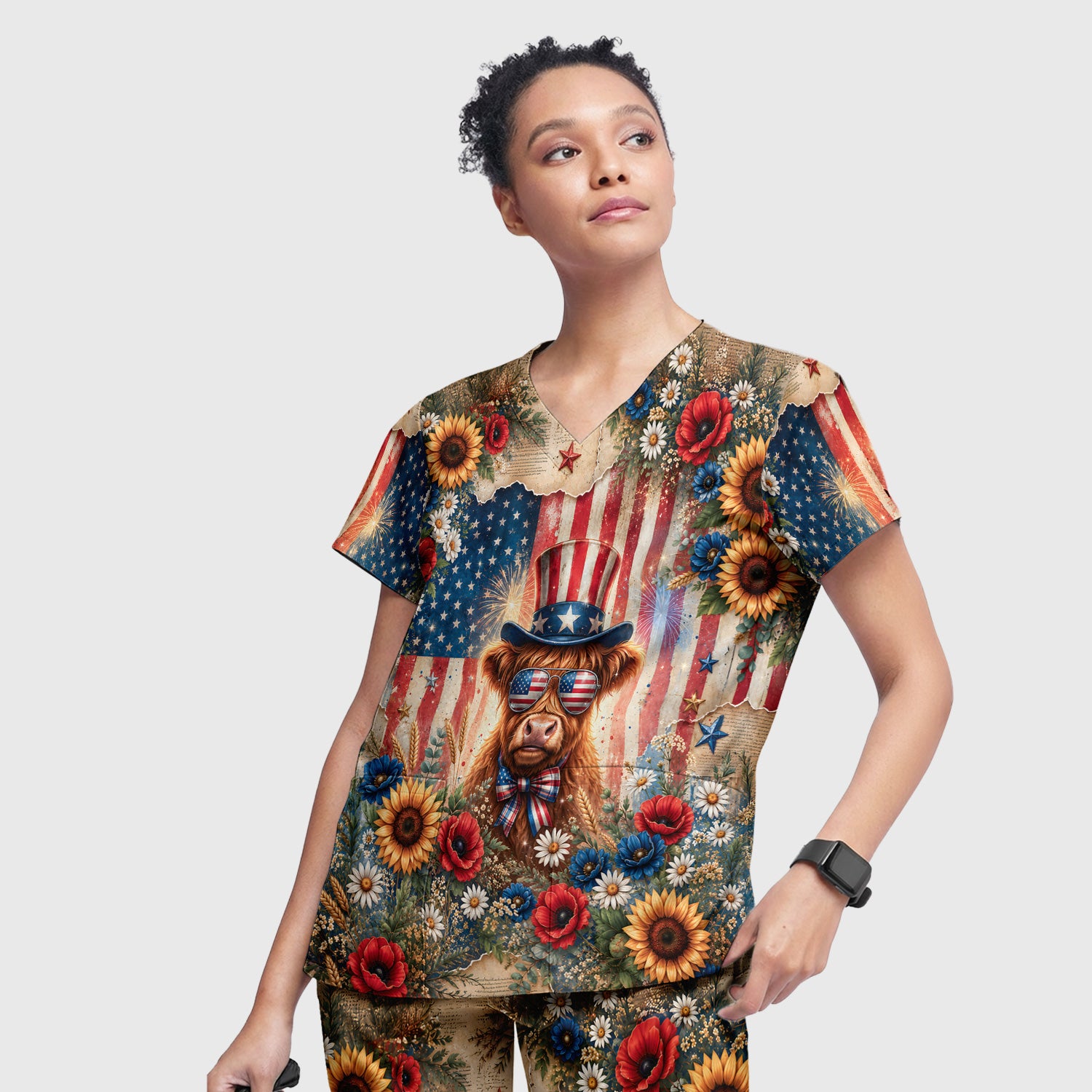 Patriotic Highland Cow Nurse for RN, CNA, Healthcare Workers Scrub Set, Scrub Pants and V Neck Top