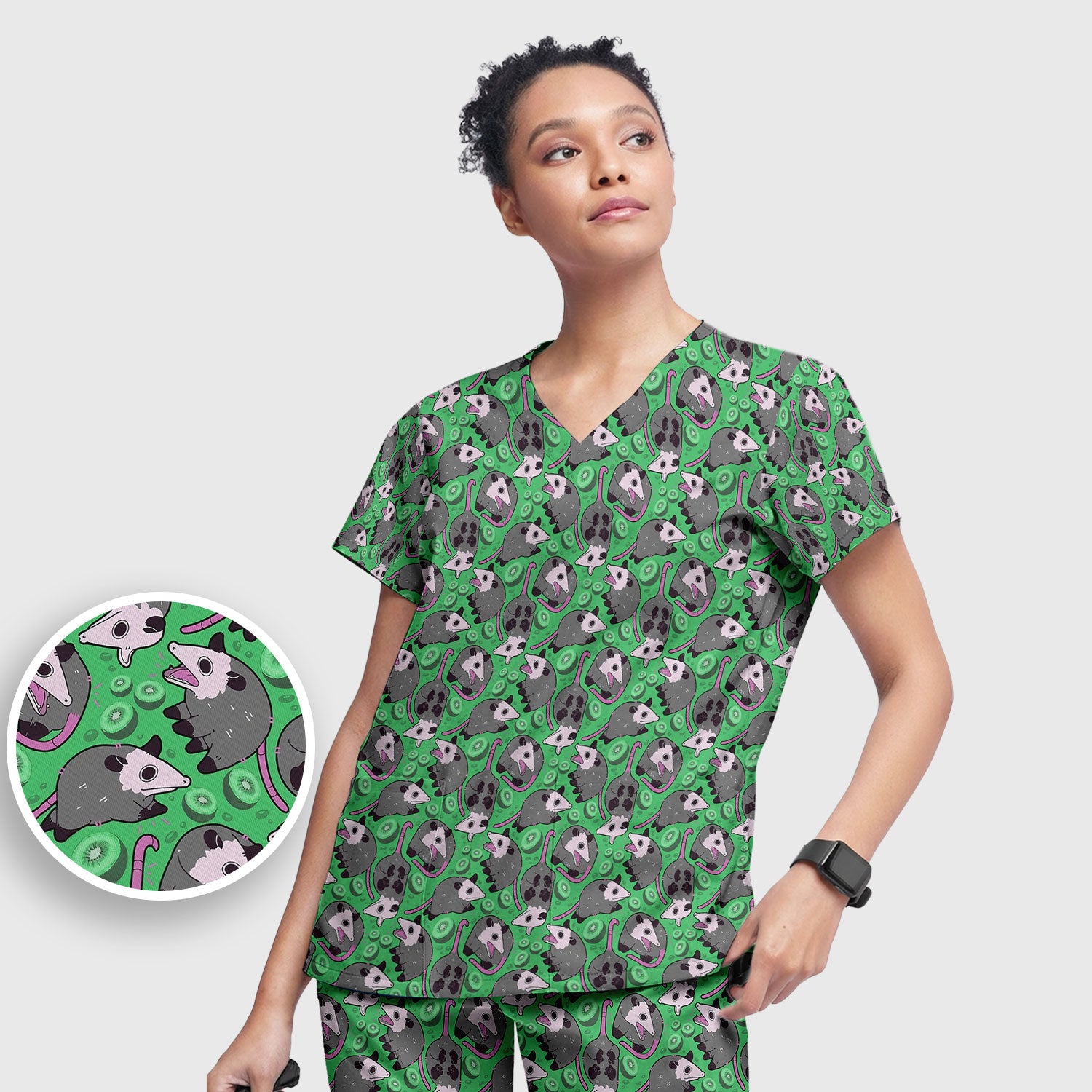 Funny Opossum Kiwi Scrub Set, Quirky Cartoon Animal Scrub Pants and V Neck Top