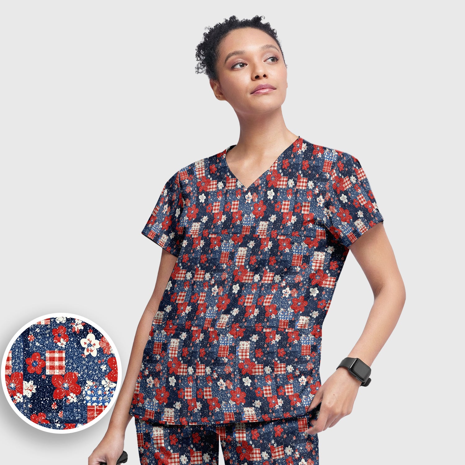 Patriotic Gingham Floral Patchwork Pattern Scrub Set, Scrub Pants and V Neck Top