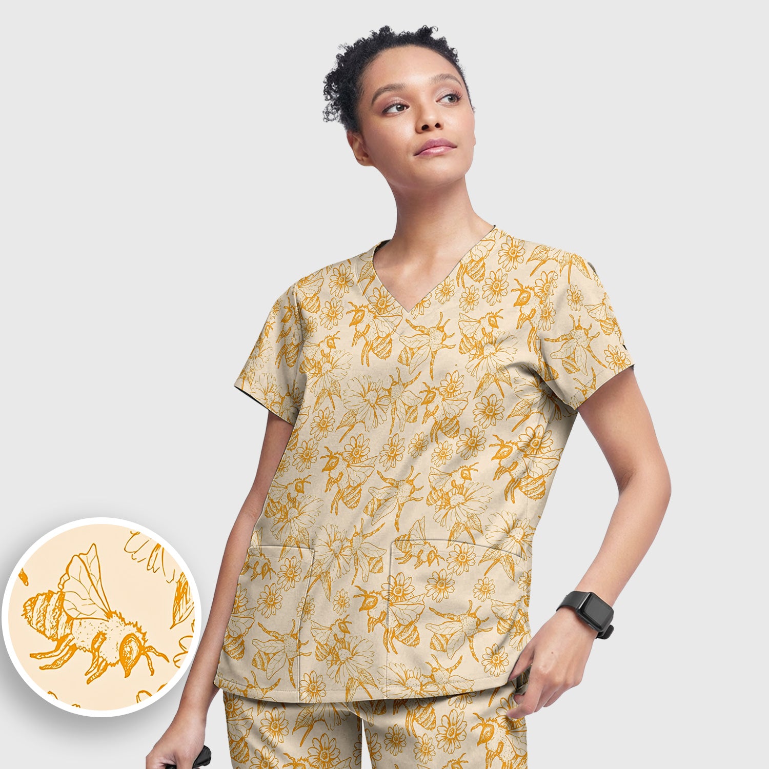 Cute Honey Bee Flower Sketch Pattern Scrub Set, Scrub Pants and V Neck Top