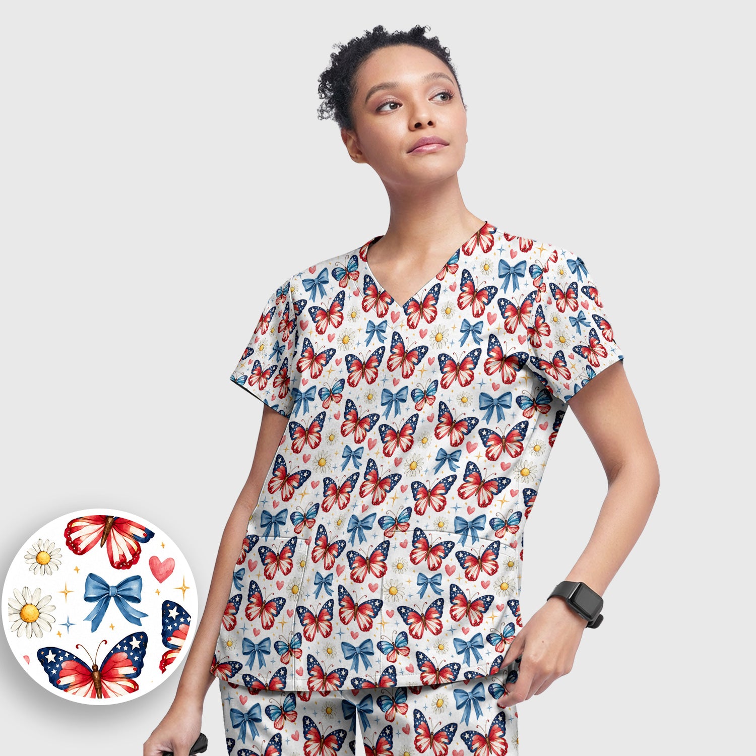 Patriotic Butterfly Bow Daisy Pattern Scrub Set, Scrub Pants and V Neck Top