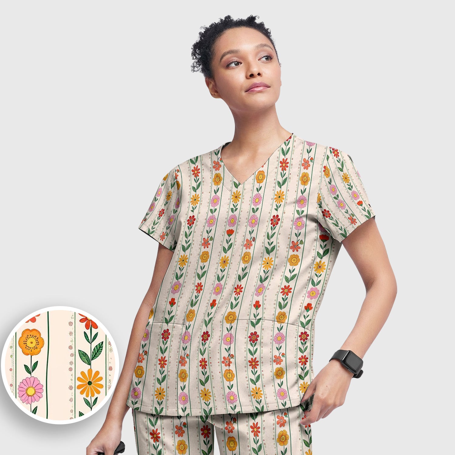 Retro Floral Stripe Print Scrub Set, Scrub Pants and V Neck Top