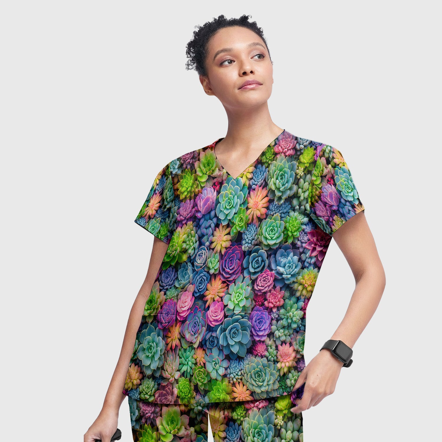Cute Nurse Scrub Top Boho Succulent Flower Pattern Scrub Set, Scrub Pants and V Neck Top