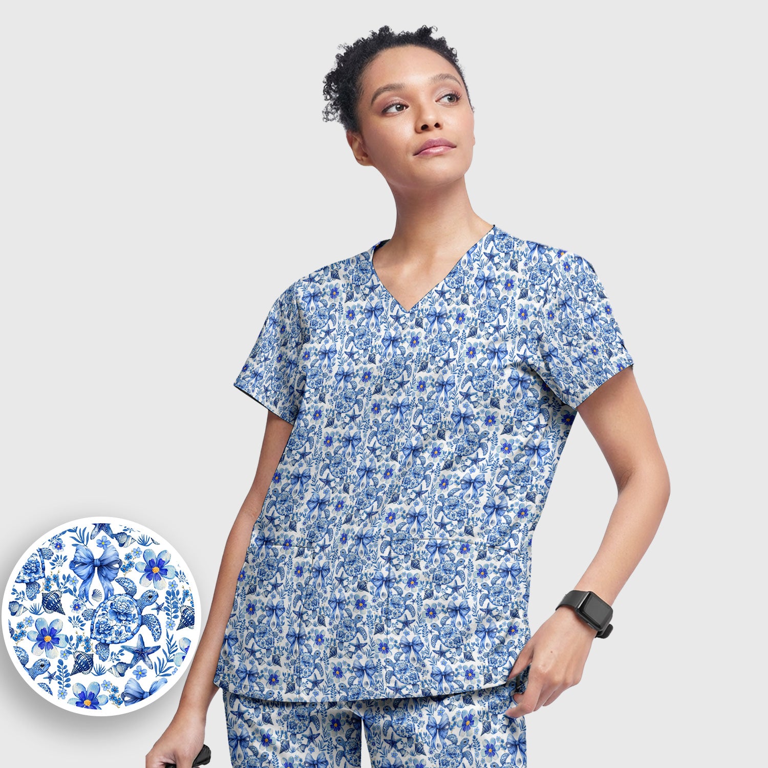 Cute Coastal Turtle Bow Pattern Scrub Set, Scrub Pants and V Neck Top
