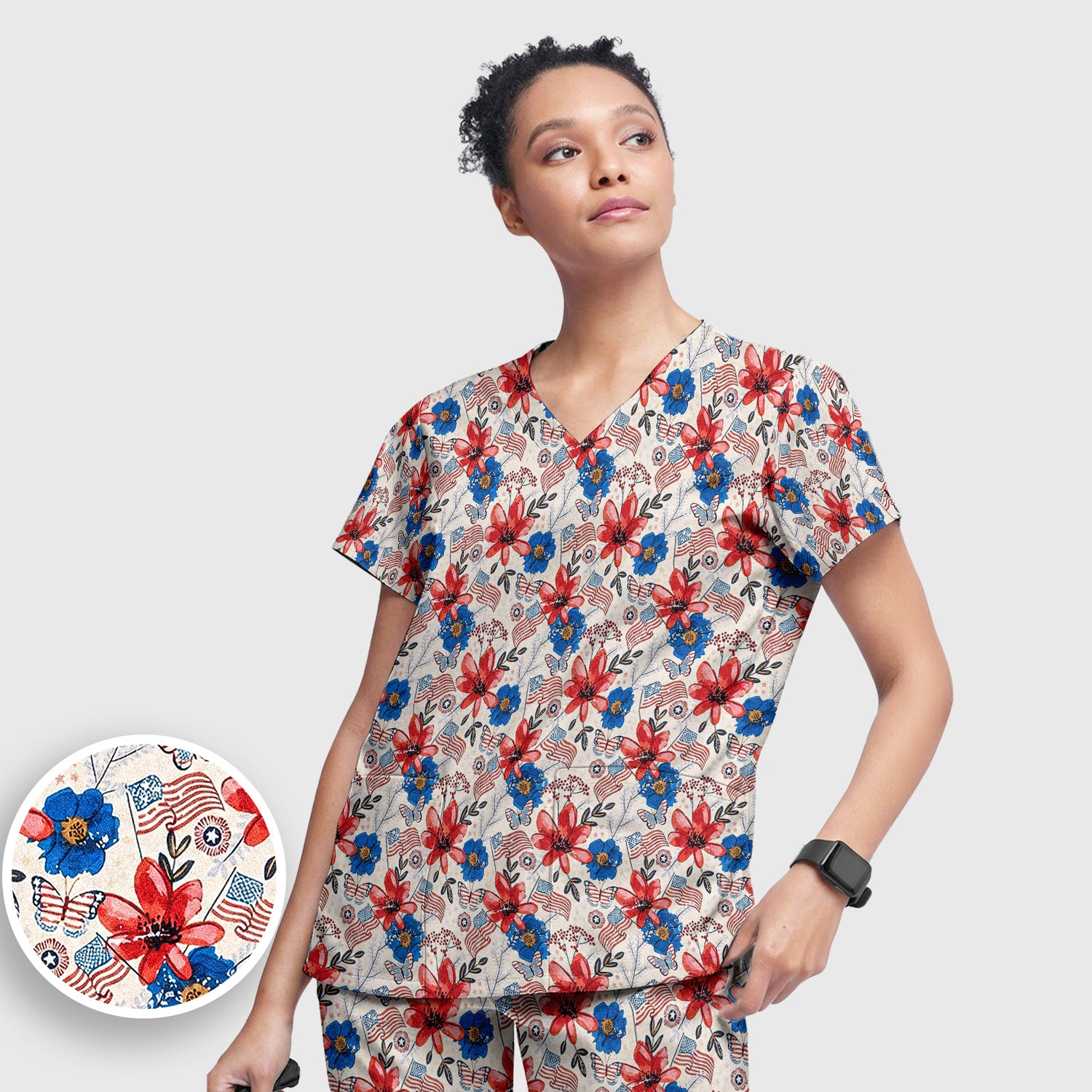 Patriotic Floral Flag Butterfly Pattern Scrub Set, Scrub Pants and V Neck Top