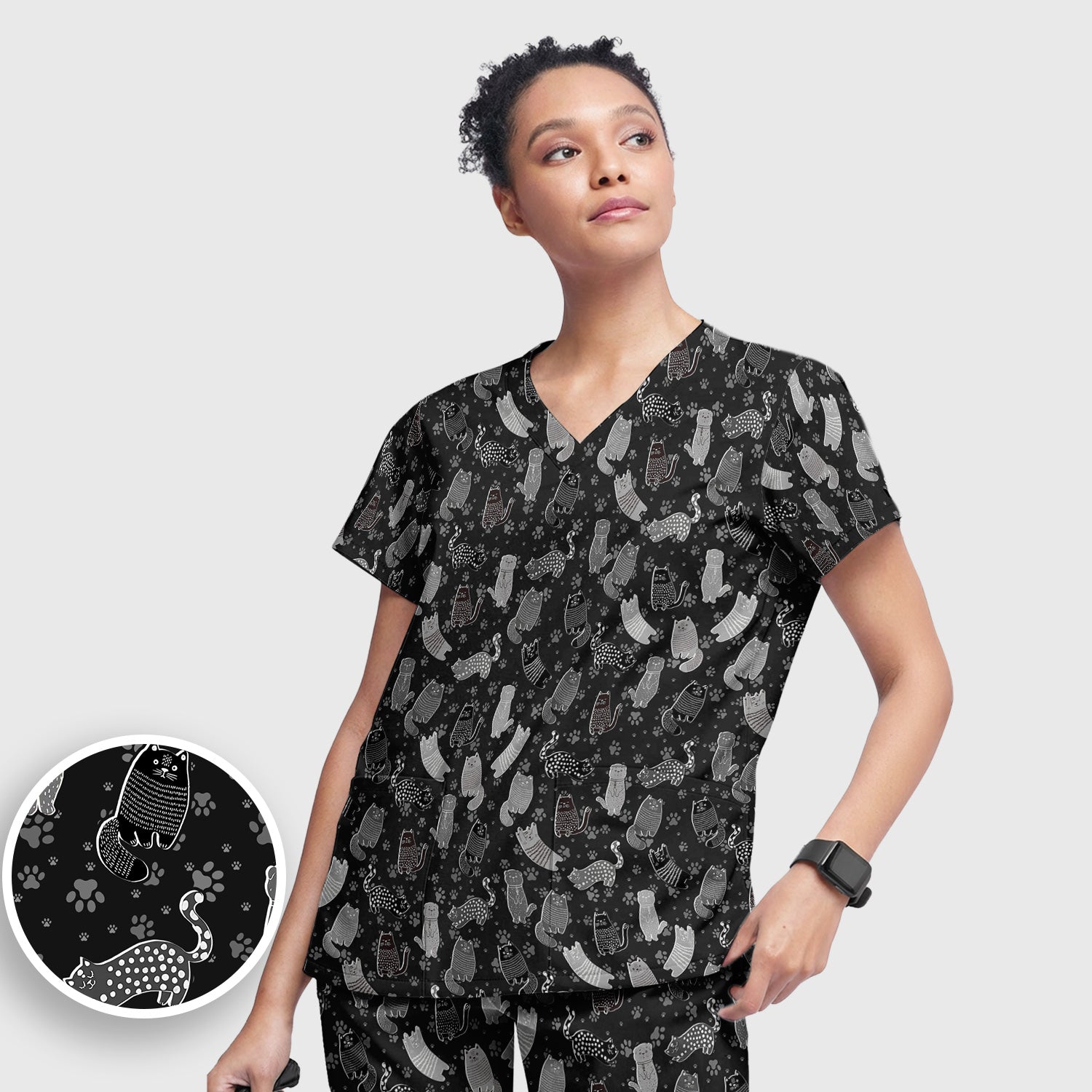 Cute Cat and Paw Print Pattern Scrub Set, Breathable Med Uniform