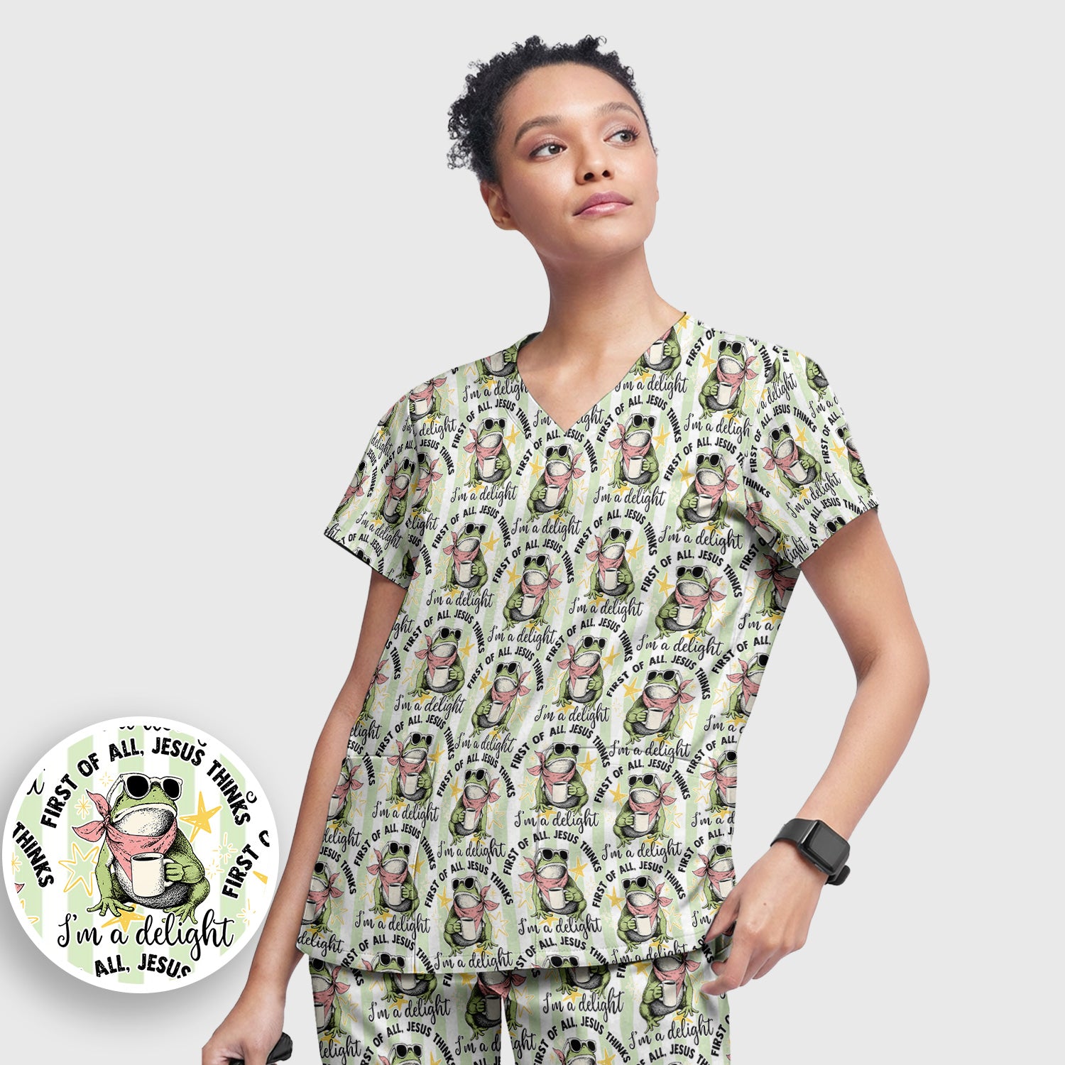 Funny Frog Coffee Quote Pattern Scrub Set, Scrub Pants and V Neck Top