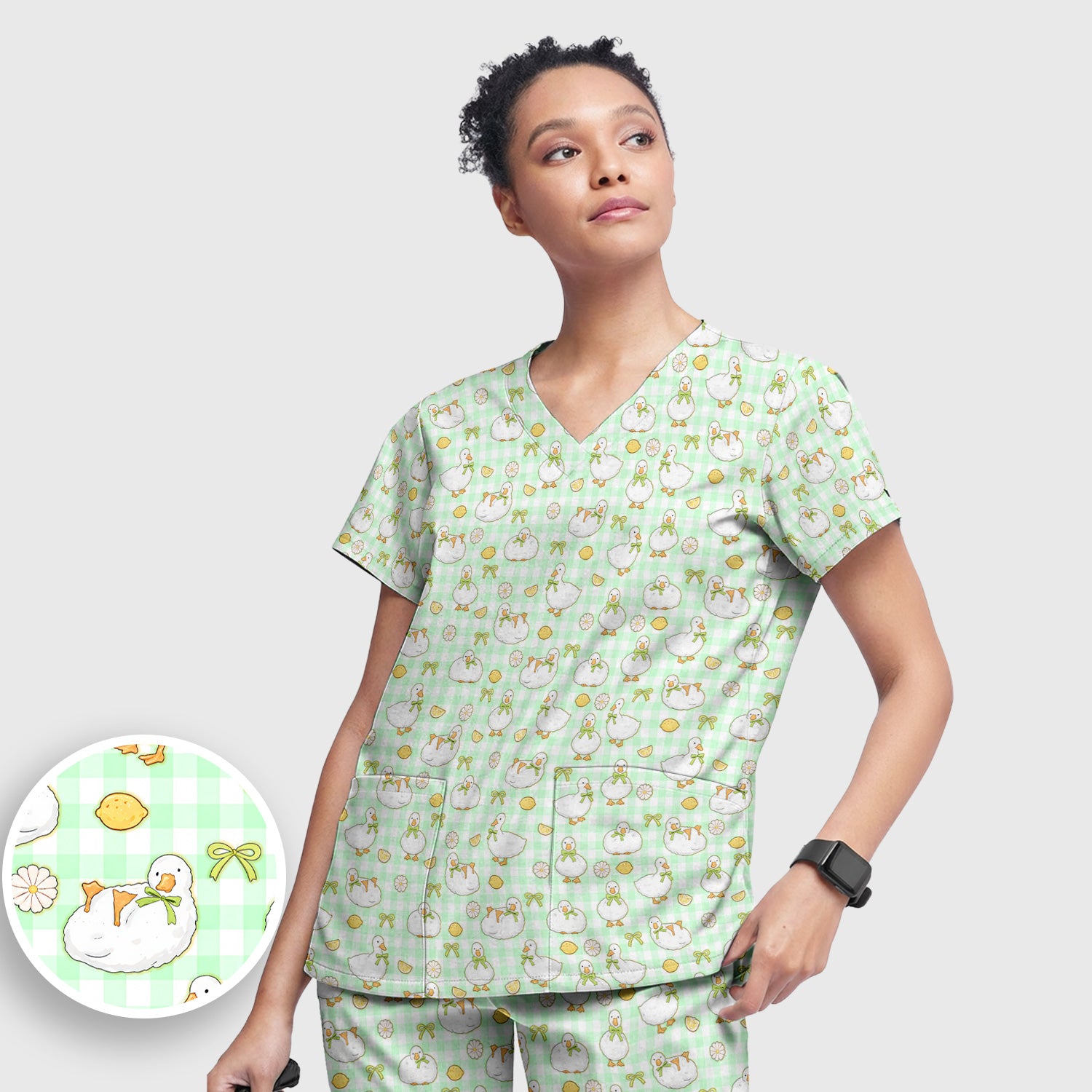 Adorable Ducks Lemon Daisy Pattern Scrubs Sets, Scrub Pants and V Neck Top