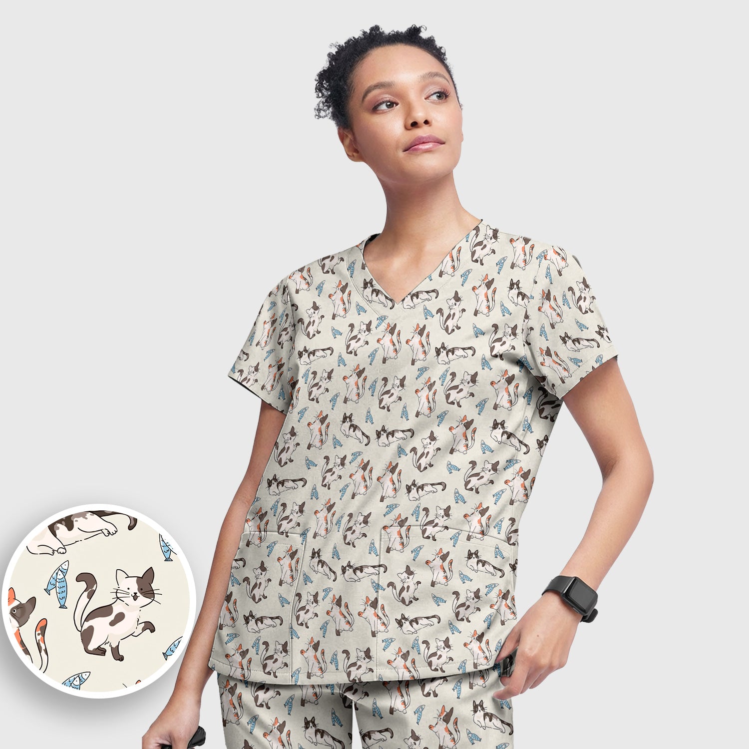 Cute Playful Cats With Fish Pattern Nurse Scrub Set, Scrub Pants and V Neck Top