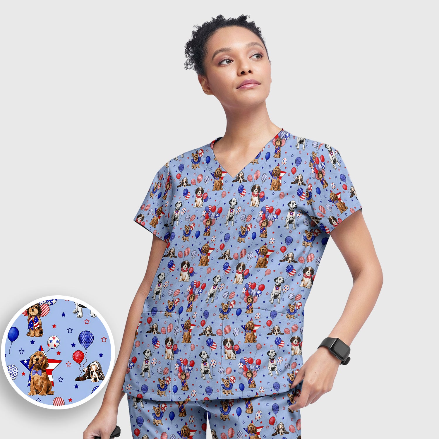 Patriotic Dogs With USA Flag Balloons Pattern Scrub Set, Scrub Pants and V Neck Top