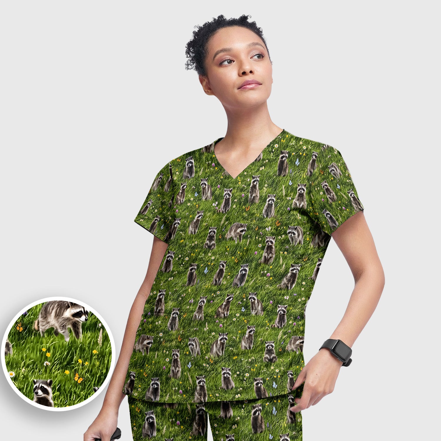 Raccoon Meadow Print Scrub Set, Scrub Pants and V Neck Top