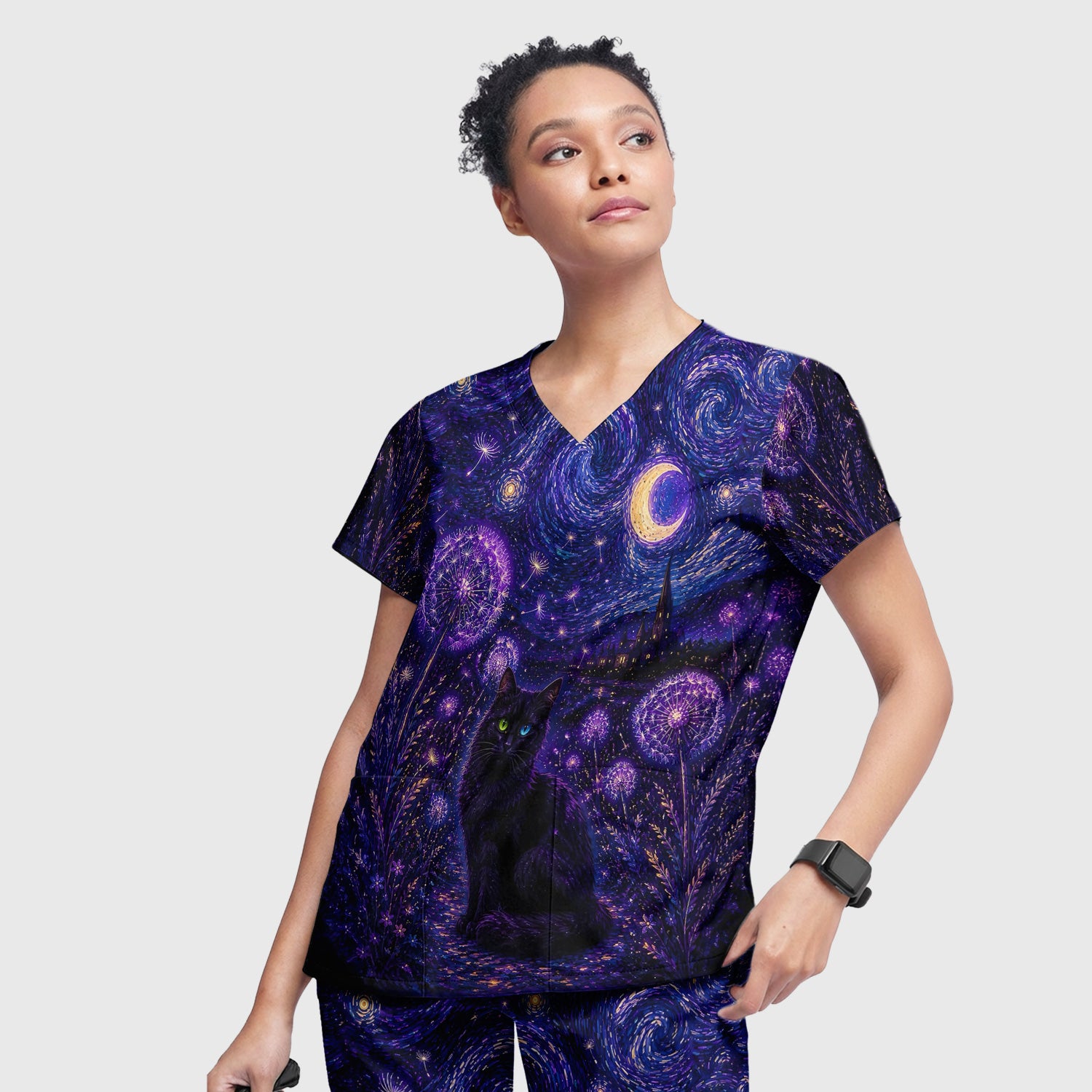 Mystical Black Cat Starry Night Print Scrub Set, Scrub Pants and V Neck Top